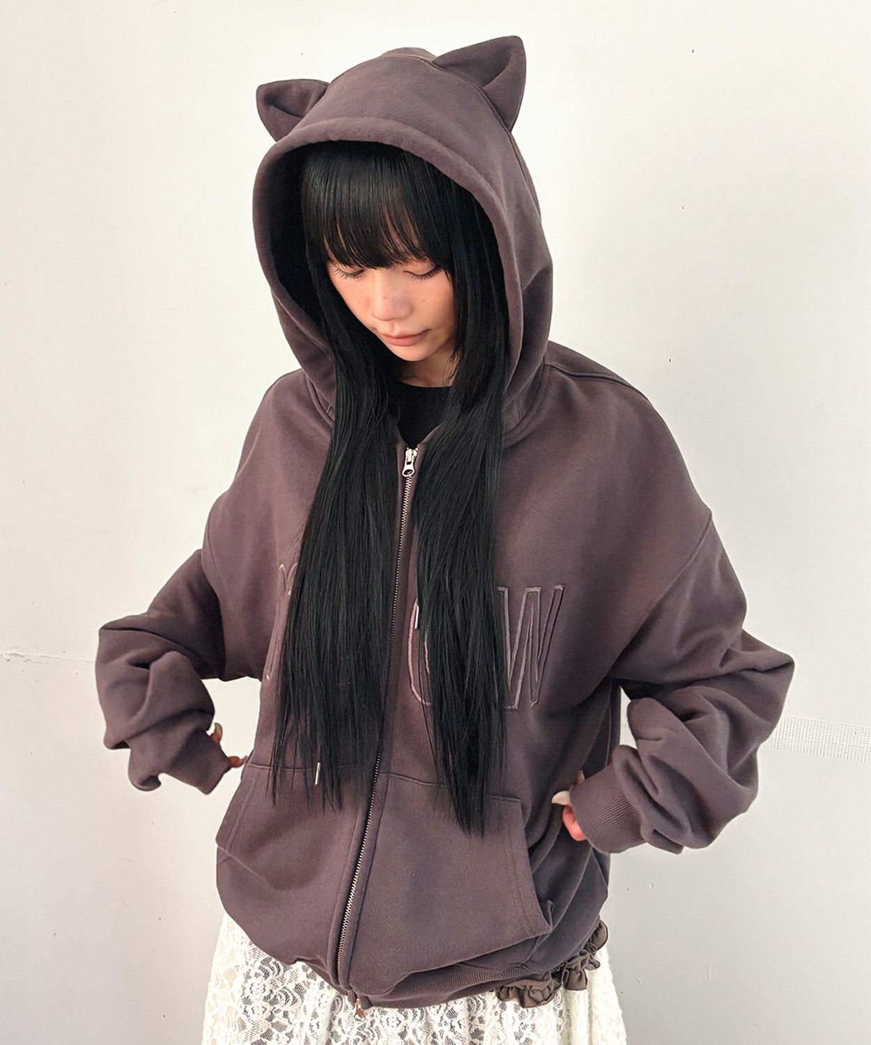 MUSINSA | ITZAVIBE MEOW CAT EAR HOODIE ZIP UP - CHARCOAL