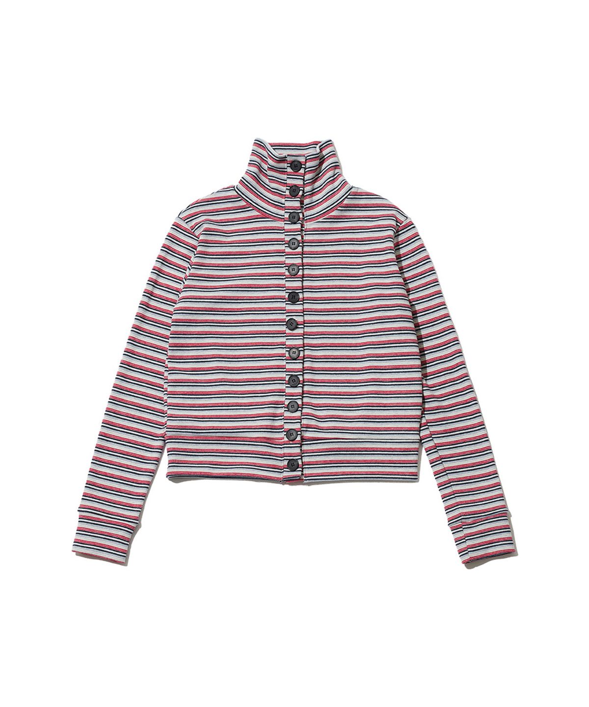 잇자바이브(ITZAVIBE) STRIPED HIGH NECK BUTTON CARDIGAN - GRAY