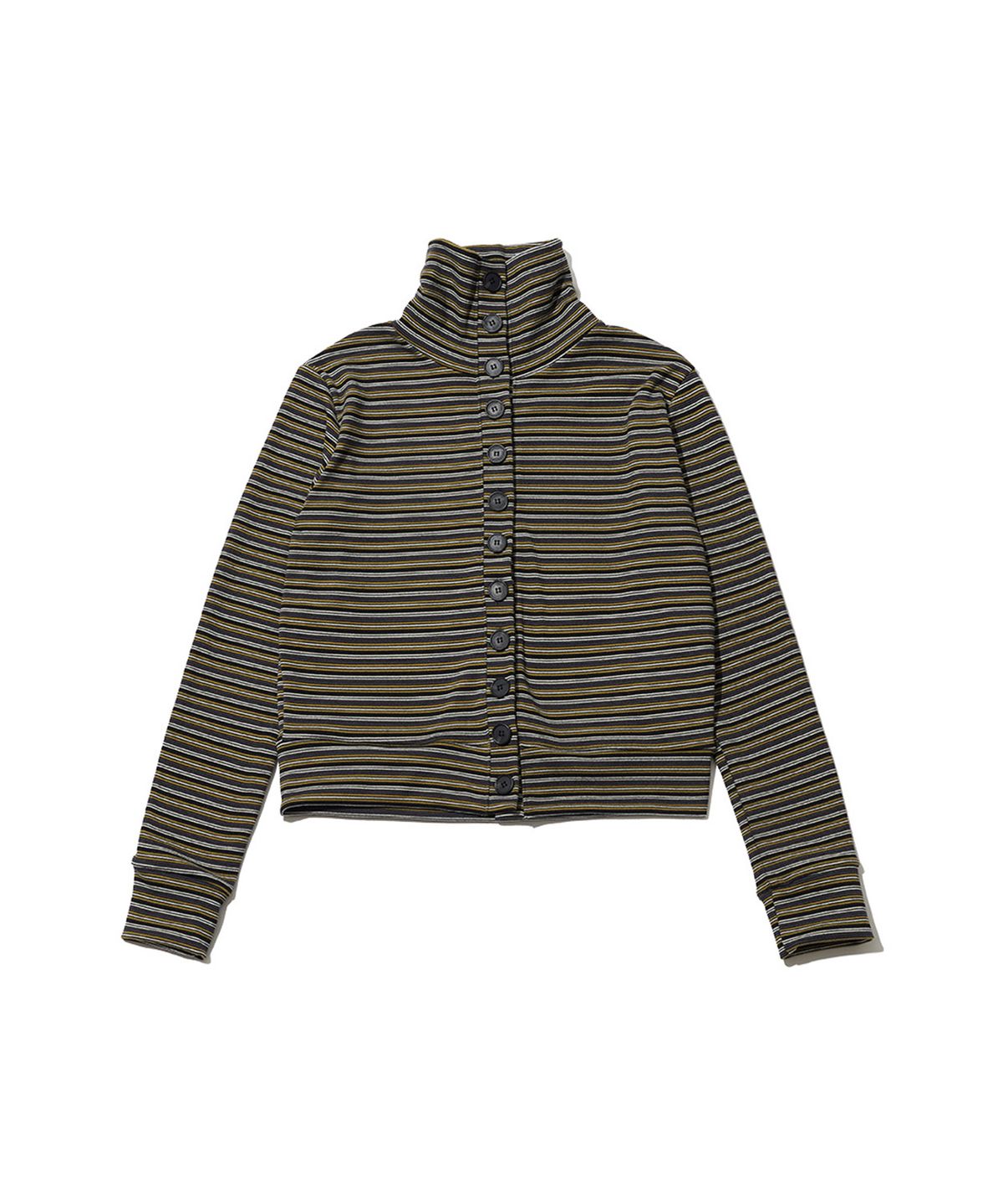 잇자바이브(ITZAVIBE) STRIPED HIGH NECK BUTTON CARDIGAN - OLIVE