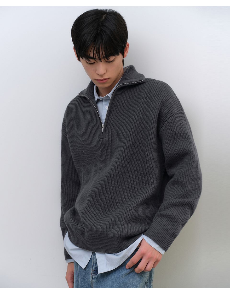 MUSINSA | MUSINSA STANDARD Relaxed Ribbed Half Zip Knit [Gray]