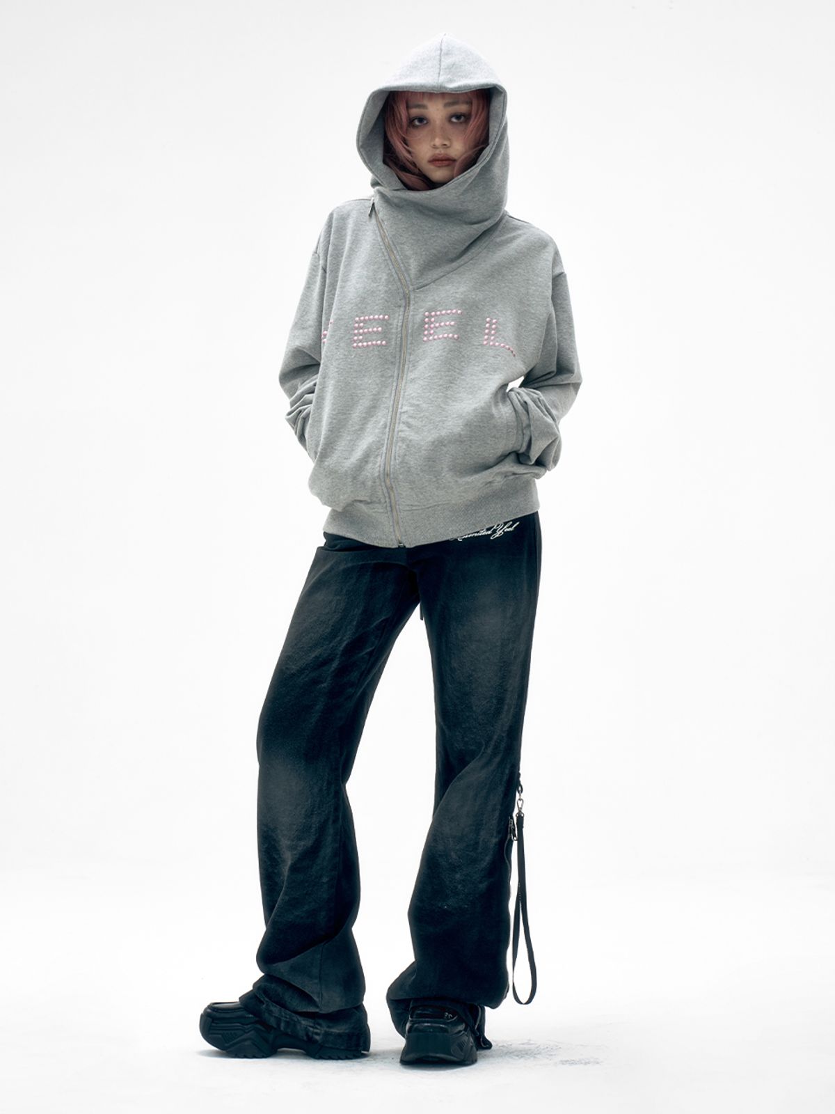 와이이이엘(YEEL) STUDDED Y ZIP-UP HOODIE GREY