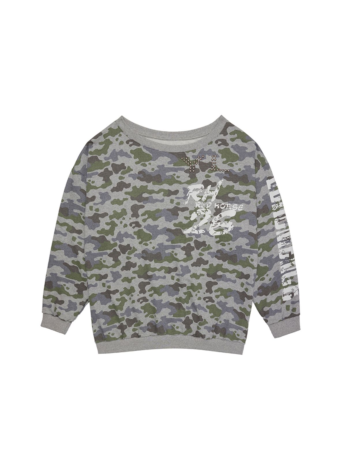 와이이이엘(YEEL) YL STUDDED OFF-SHOULDER SWEATSHIRT CAMO GREY