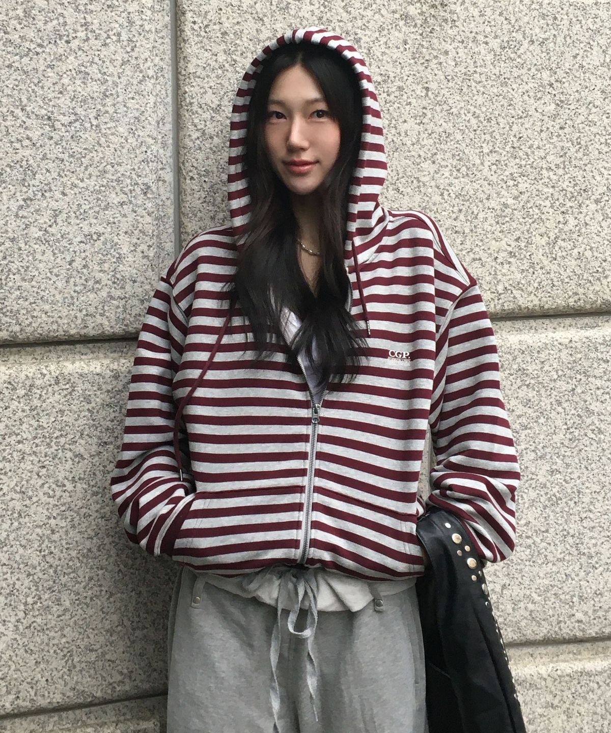 코드그라피(CGP) 스트라이프 후드 집업-버건디