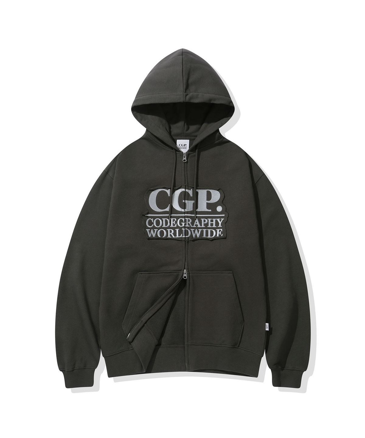 코드그라피(CGP) 스퀘어 로고 데미지 후드 집업-차콜