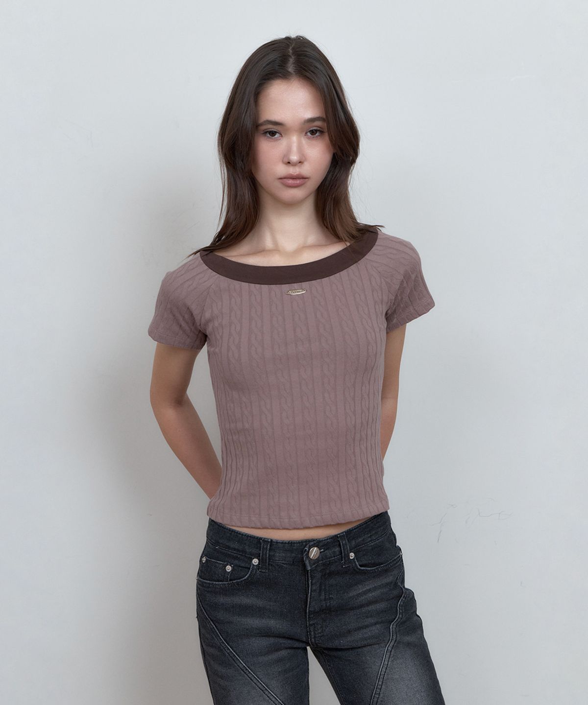 큐리티(CURETTY) C CABLE BOAT-NECK T-SHIRT_BROWN
