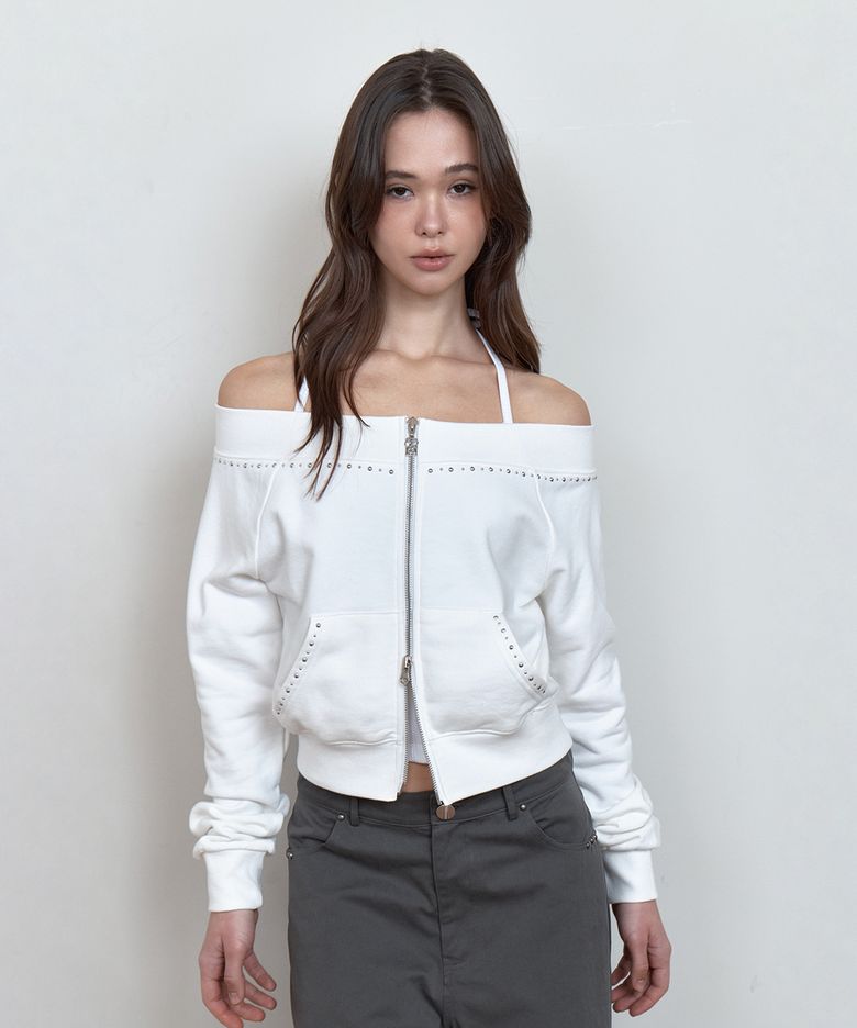 C STUDDED OFF-SHOULDER 2-WAY ZIP-UP_WHITE