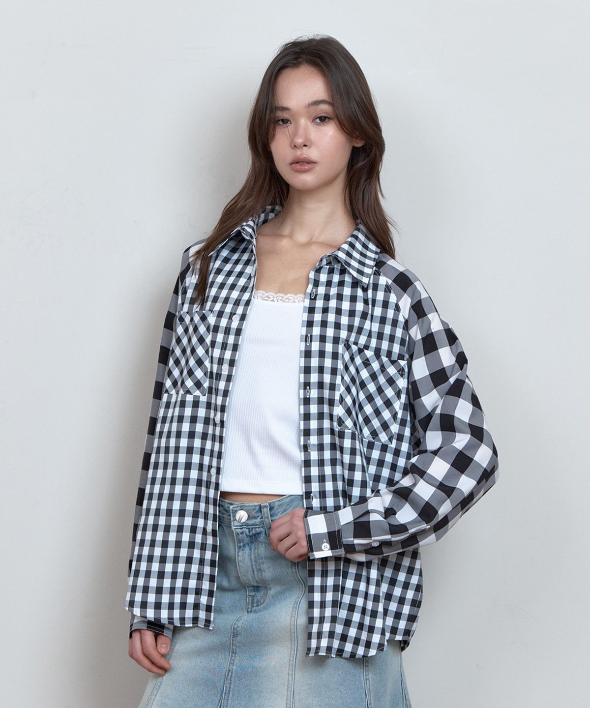 큐리티(CURETTY) C COLOR BLOCK CHECK OVERSIZED SHIRT_BLACK