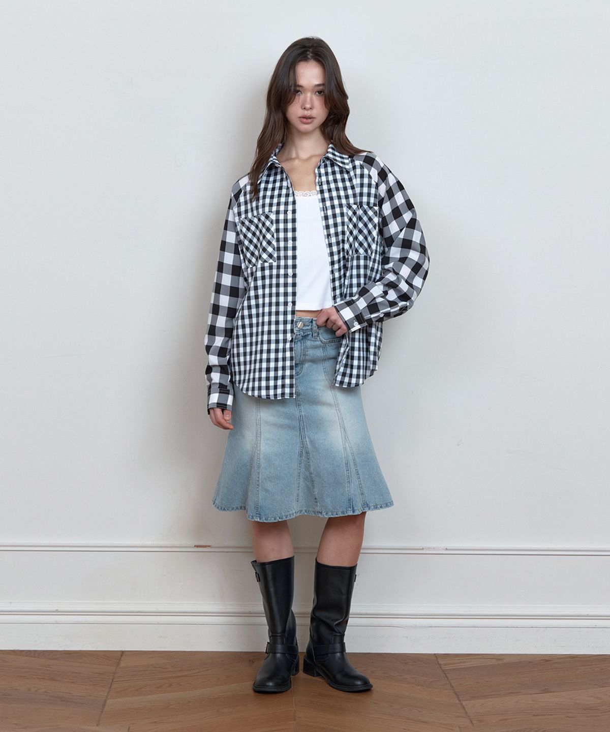 큐리티(CURETTY) C COLOR BLOCK CHECK OVERSIZED SHIRT_BLACK