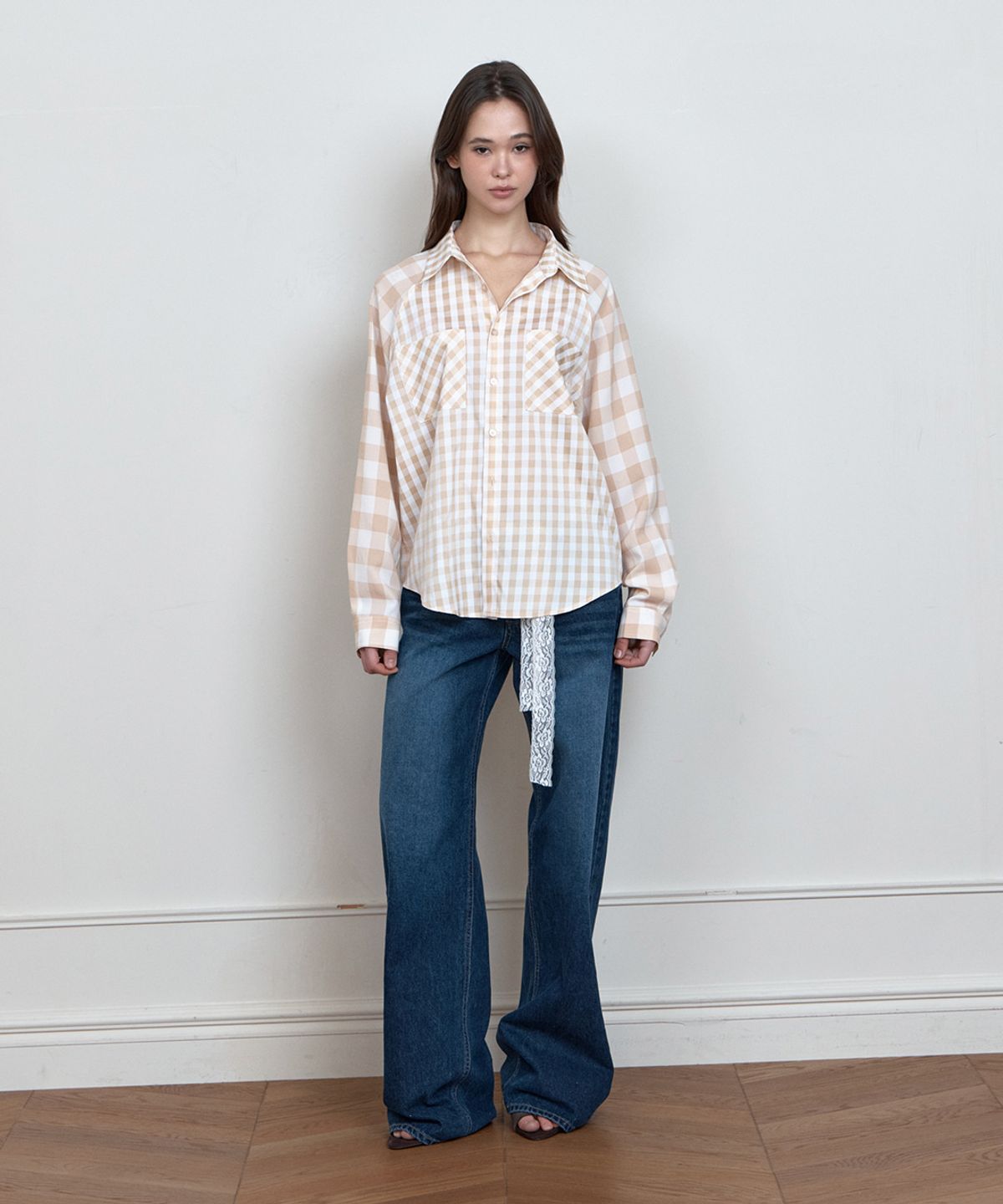 큐리티(CURETTY) C COLOR BLOCK CHECK OVERSIZED SHIRT_BEIGE