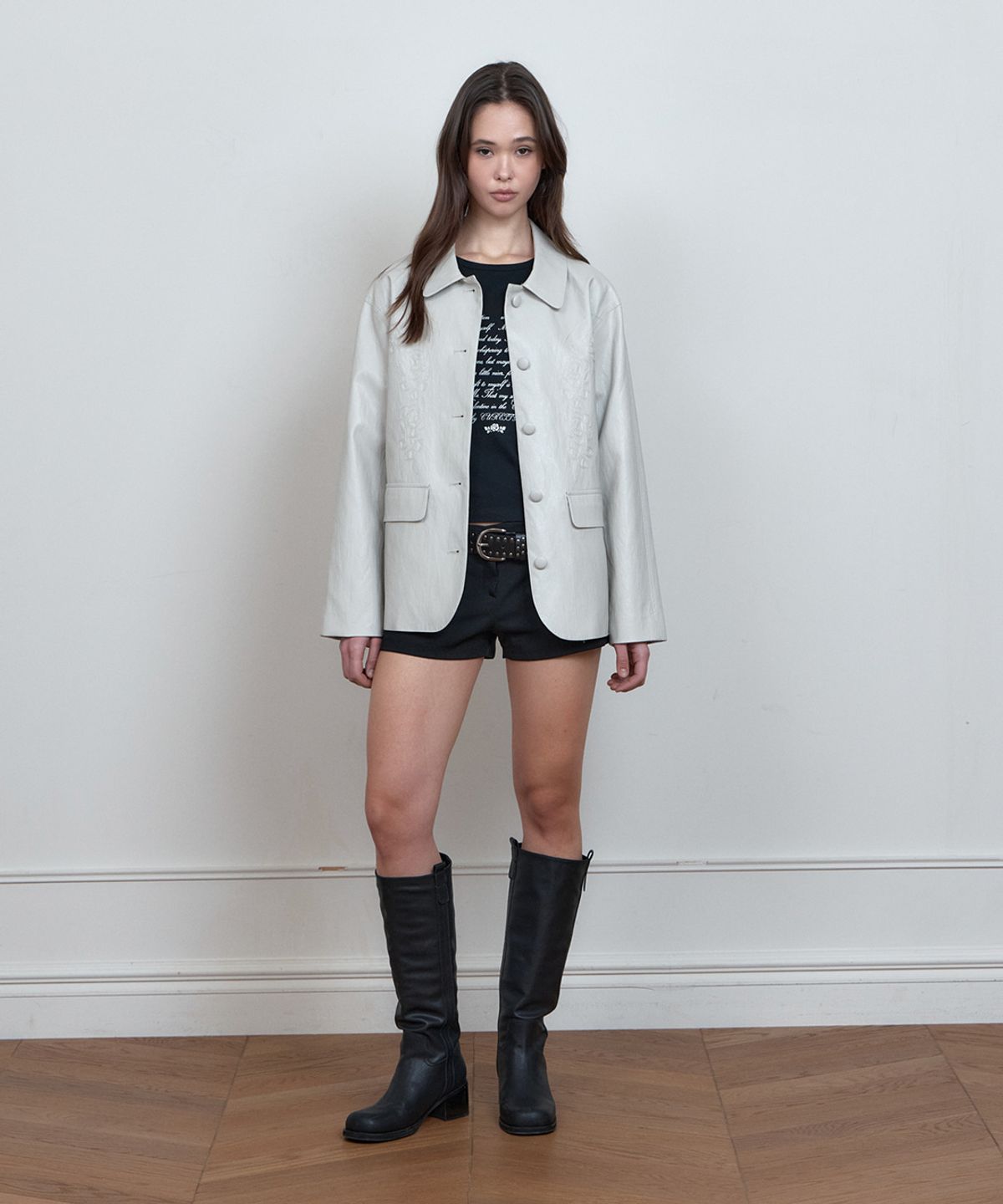 큐리티(CURETTY) C ROSE-STITCH LEATHER JACKET_GREY