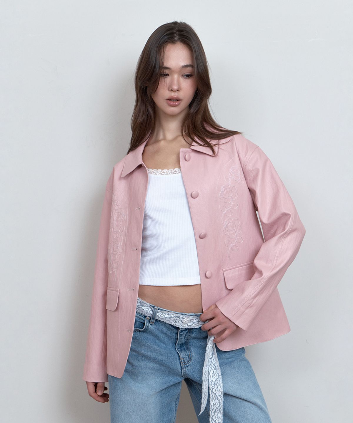 큐리티(CURETTY) C ROSE-STITCH LEATHER JACKET_PINK