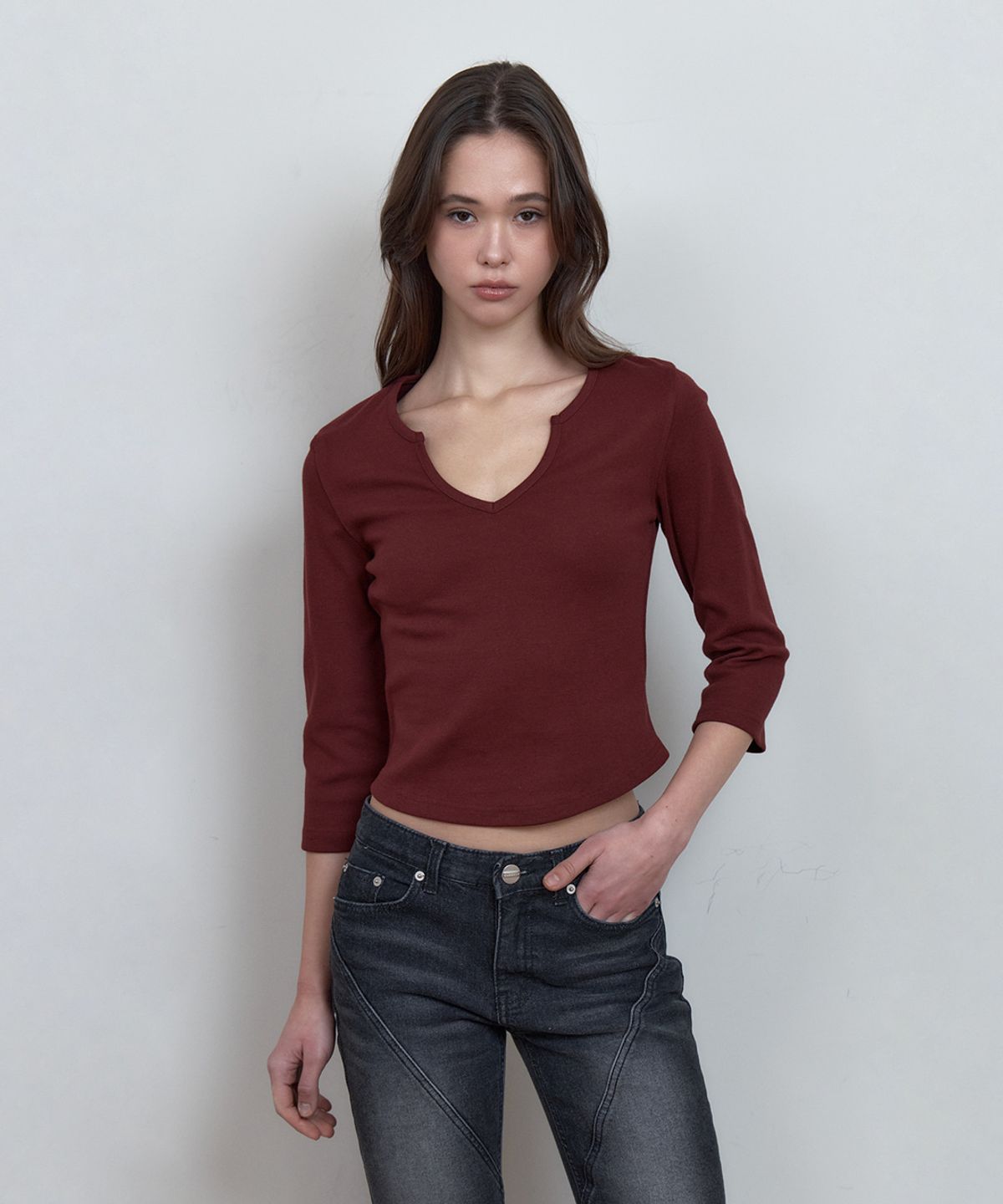 큐리티(CURETTY) C 90S LINE SLIT NECK T-SHIRT_BURGUNDY