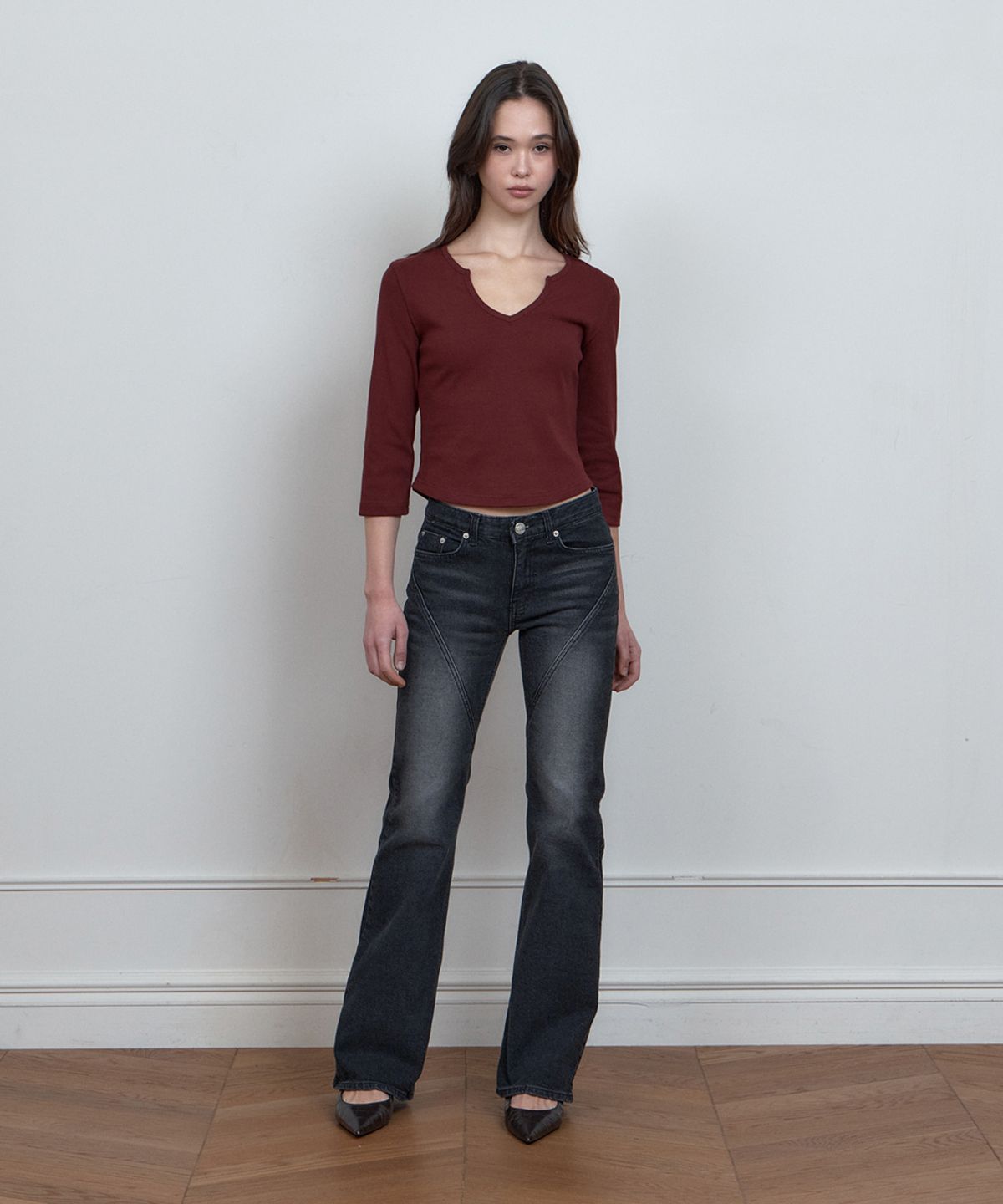 큐리티(CURETTY) C 90S LINE SLIT NECK T-SHIRT_BURGUNDY