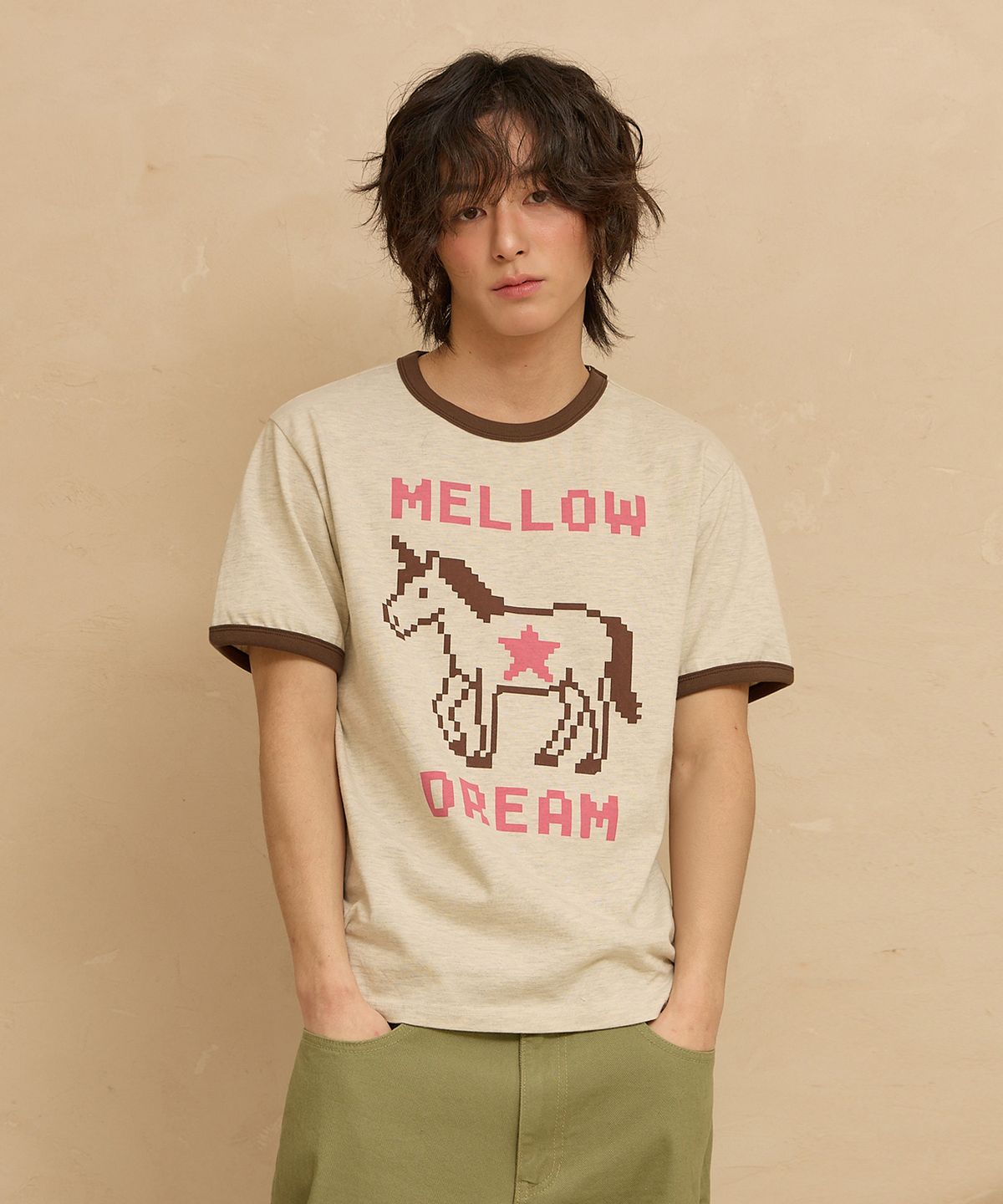 와이케이(WAIKEI) MELLOW DREAM 유니콘 링거 반팔티셔츠 오트밀