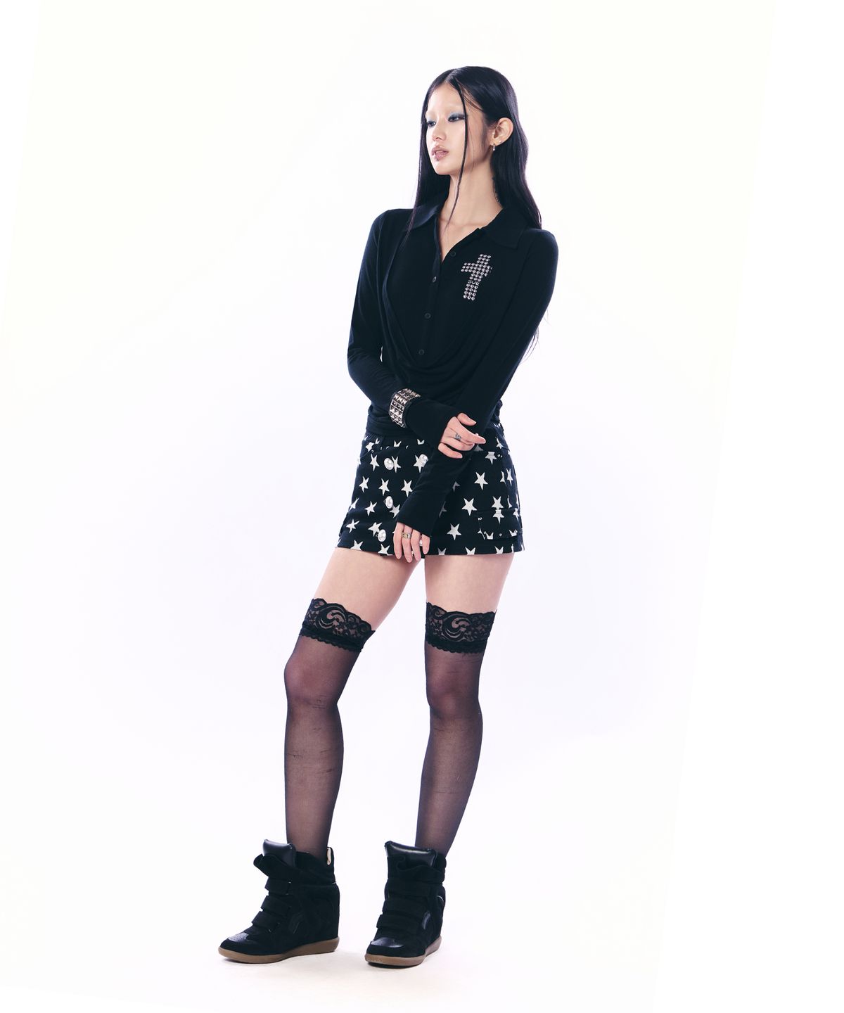 셋업이엑스이(SETUP-EXE) STAR DOUBLE BUTTON SKIRT PANTS / BLACK