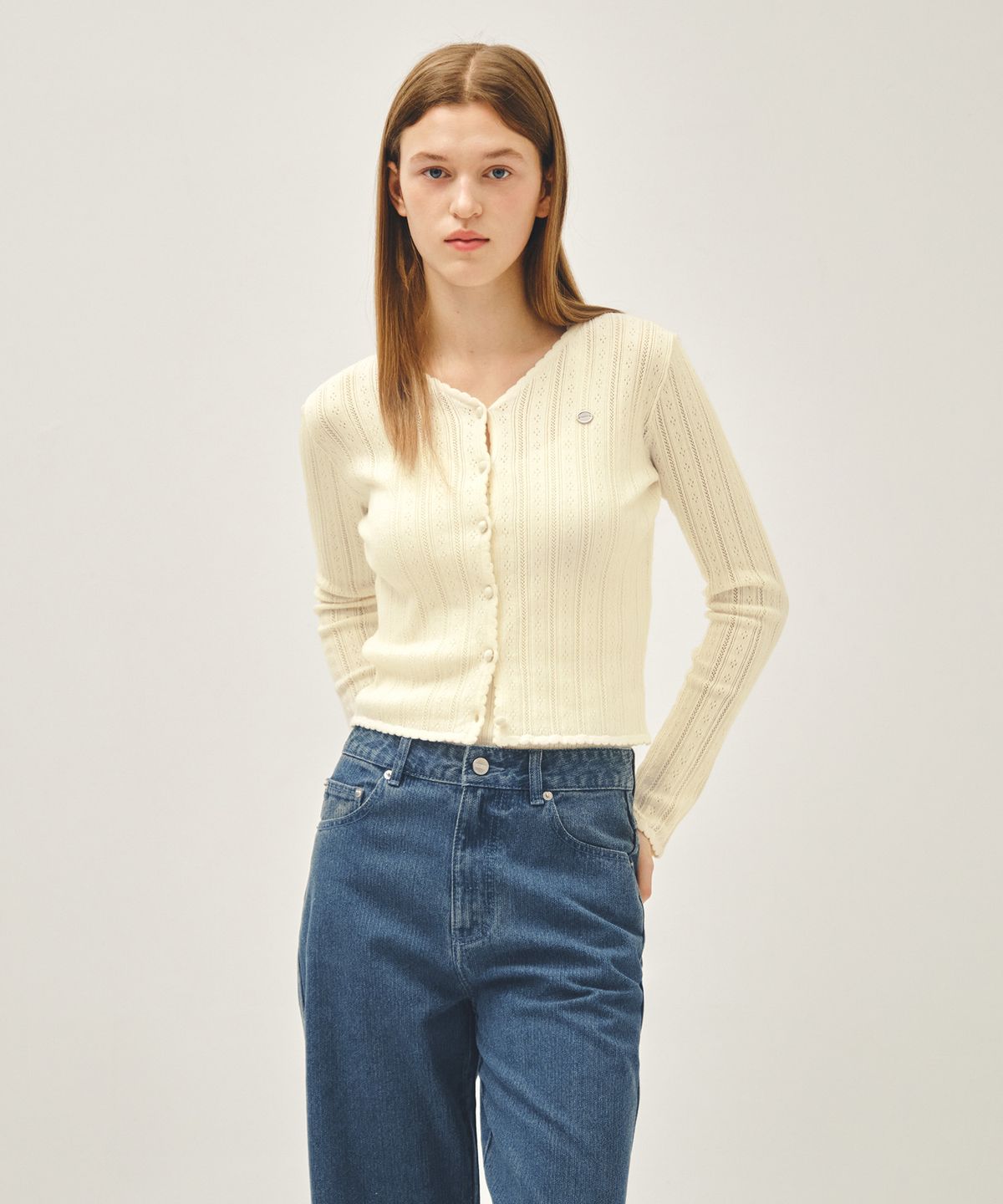 마리떼 프랑소와 저버(MARITHÉ + FRANҪOIS GIRBAUD) W V-NECK CROCHET KNIT CARDIGAN ivory
