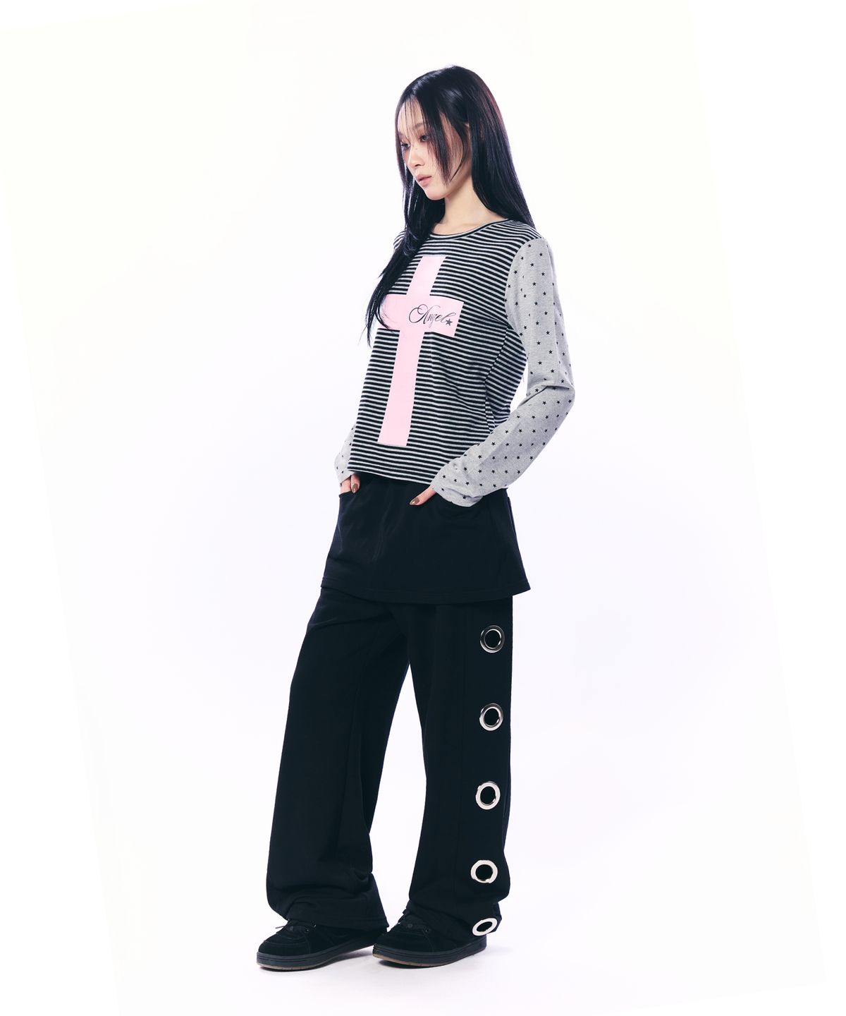 셋업이엑스이(SETUP-EXE) MIXED PATTERN TOP / GRAY