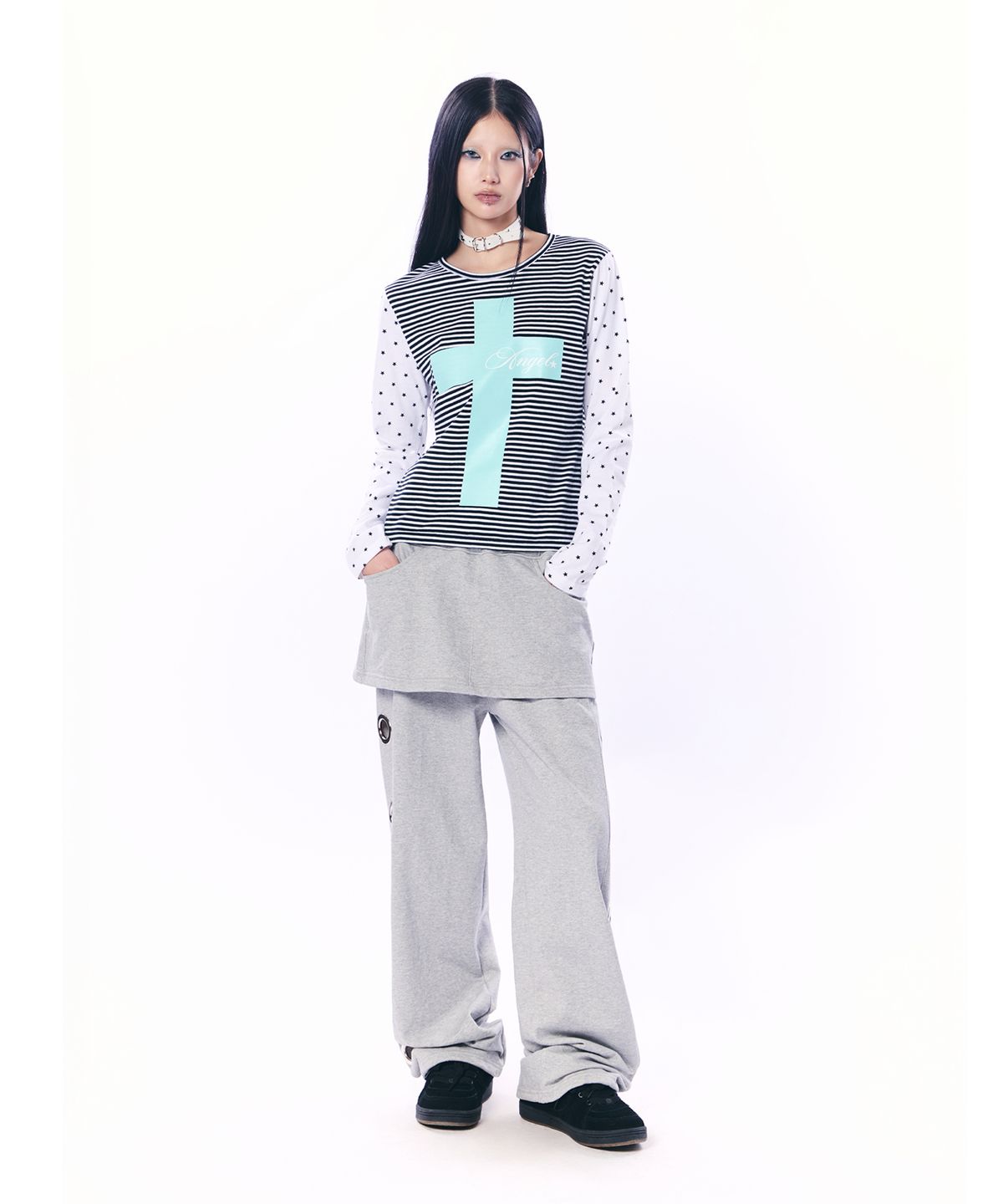 셋업이엑스이(SETUP-EXE) MIXED PATTERN TOP / BLACK