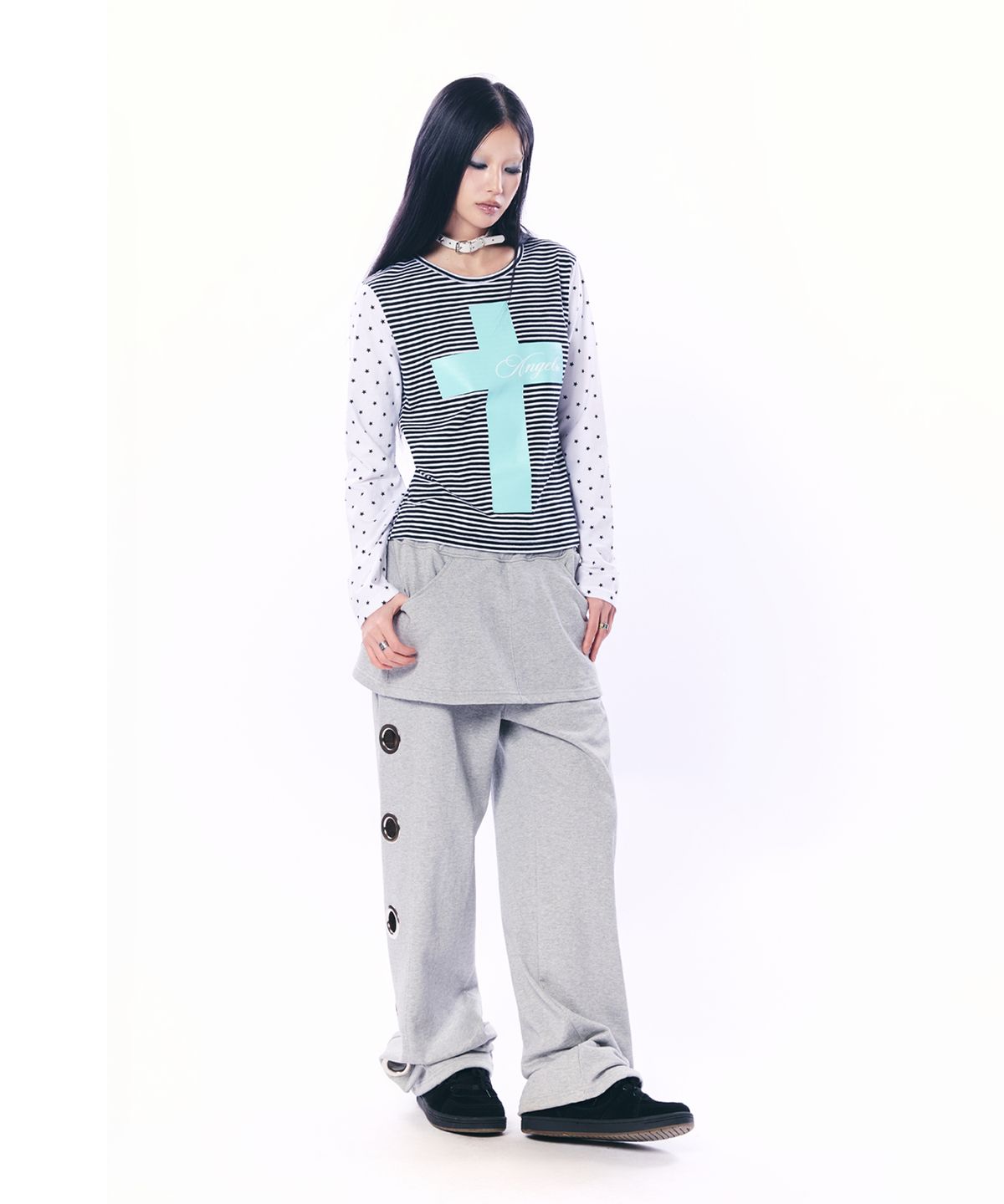 셋업이엑스이(SETUP-EXE) MIXED PATTERN TOP / BLACK