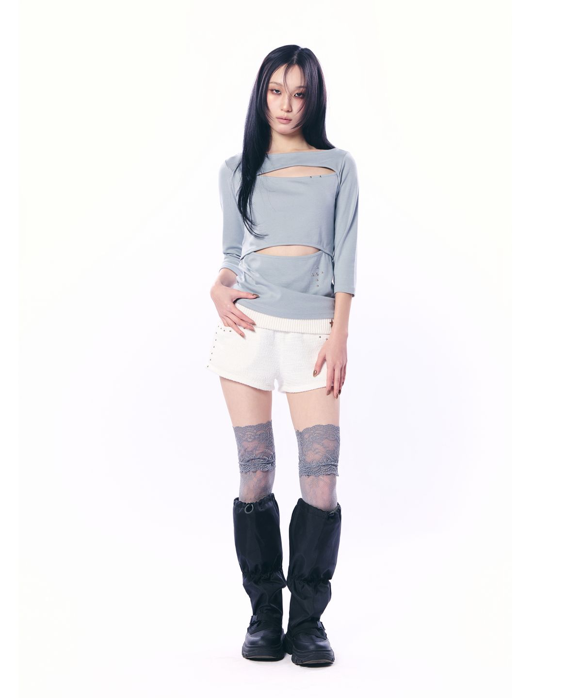 셋업이엑스이(SETUP-EXE) DOUBLE CUT-OUT TOP / MINT GRAY