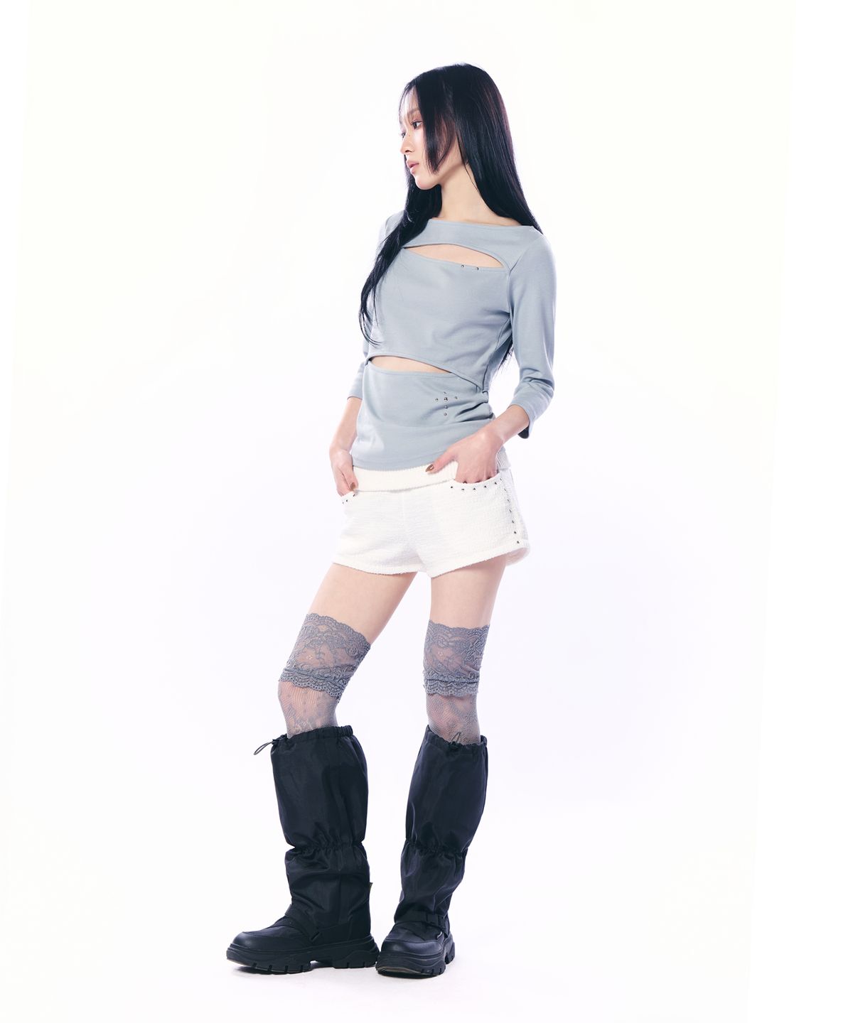 셋업이엑스이(SETUP-EXE) DOUBLE CUT-OUT TOP / MINT GRAY