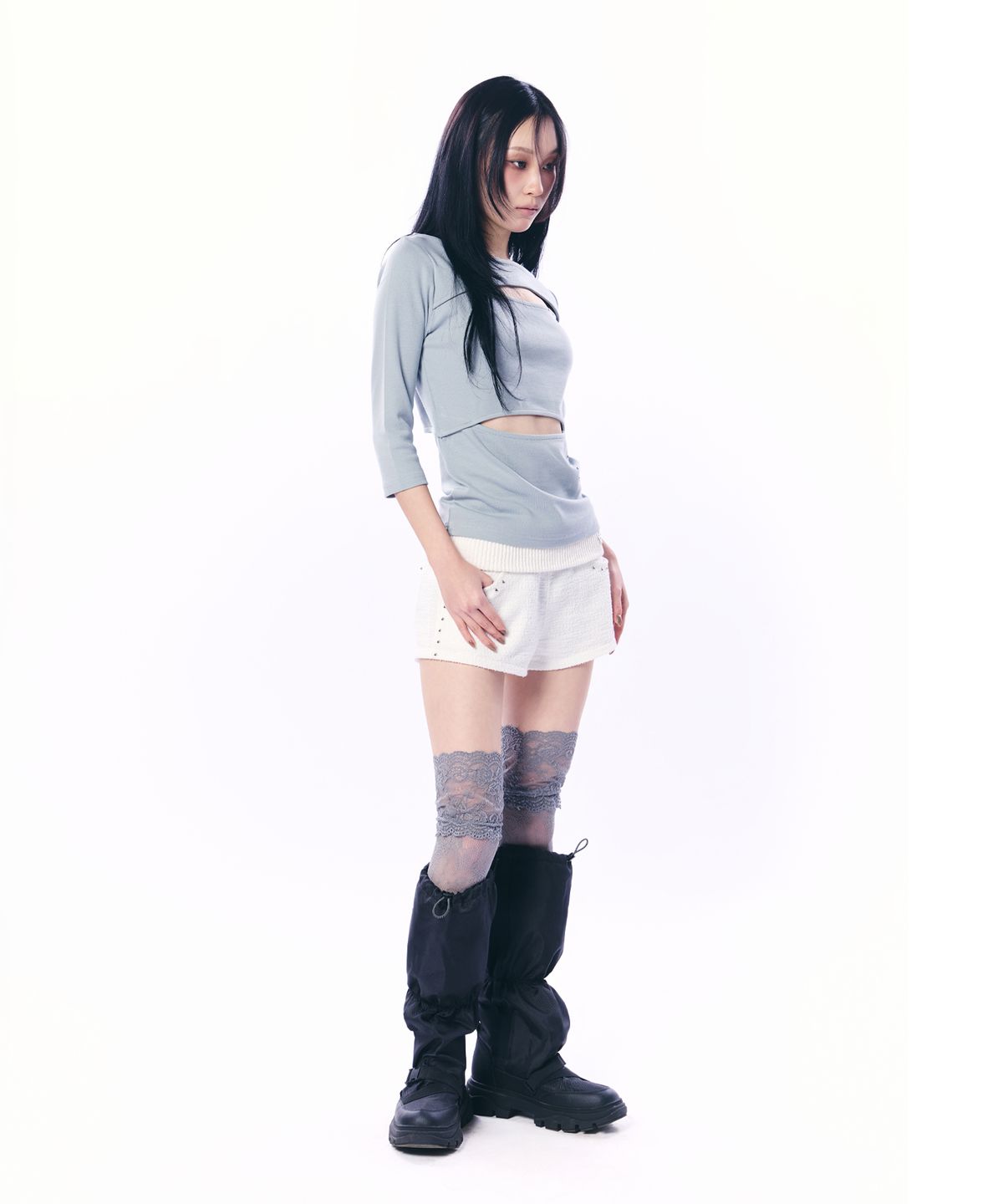 셋업이엑스이(SETUP-EXE) DOUBLE CUT-OUT TOP / MINT GRAY