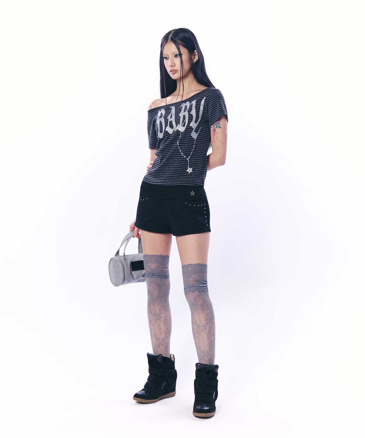 셋업이엑스이(SETUP-EXE) BABY WIDE NECK TOP / STRIPE BLACK