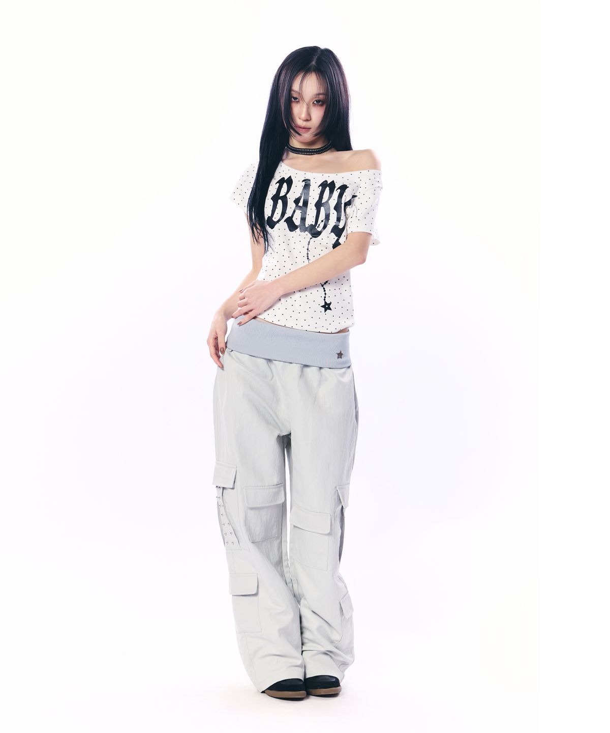 셋업이엑스이(SETUP-EXE) BABY WIDE NECK TOP / STAR WHITE