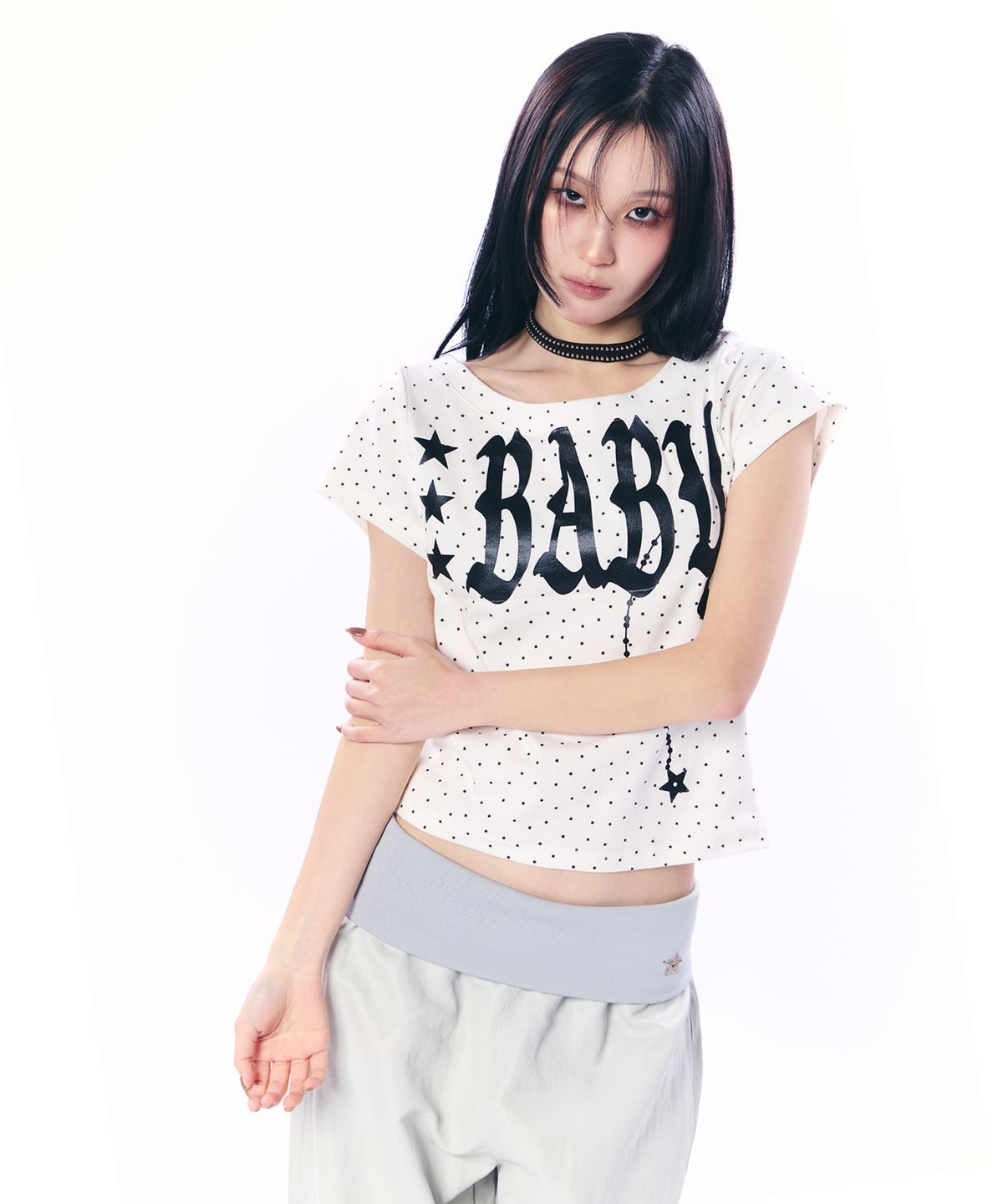셋업이엑스이(SETUP-EXE) BABY WIDE NECK TOP / STAR WHITE