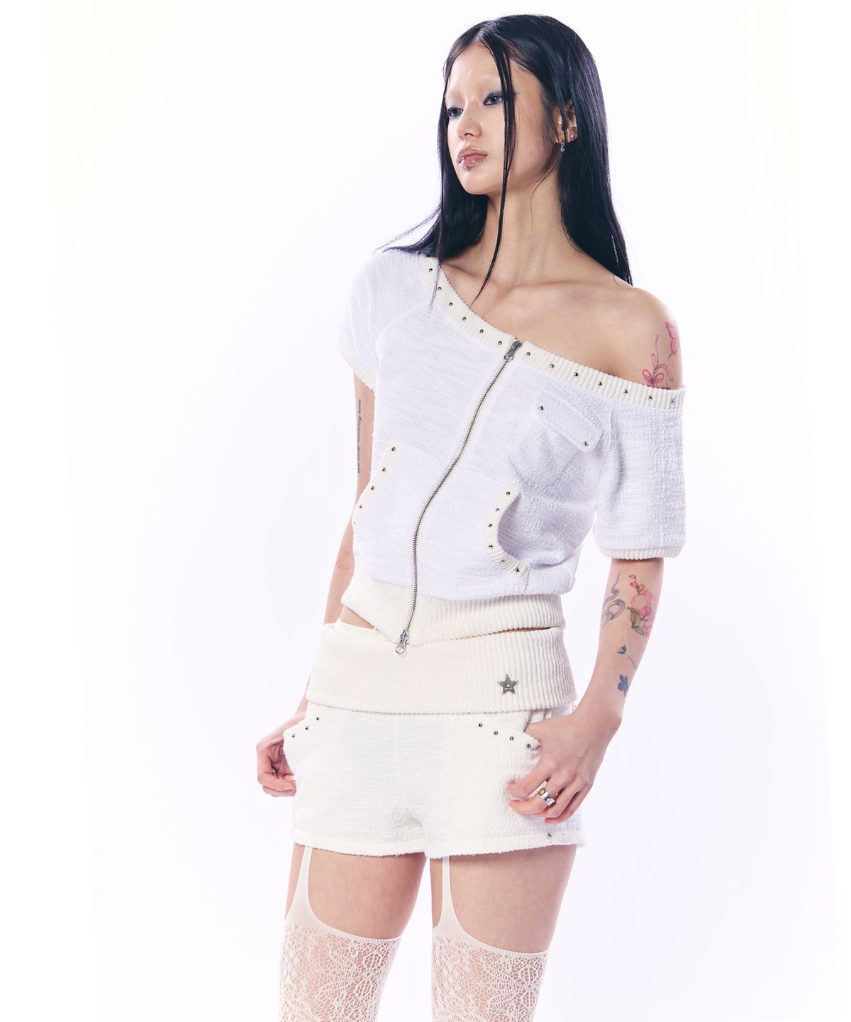 셋업이엑스이(SETUP-EXE) WIDE-NECK SHORT SLEEVE ZIP-UP / IVORY