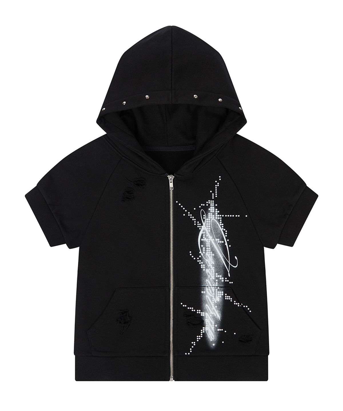 러브이즈트루(LUVISTRUE) EL DAMAGE SHORT SLEEVED HOOD ZIP UP(BLACK)