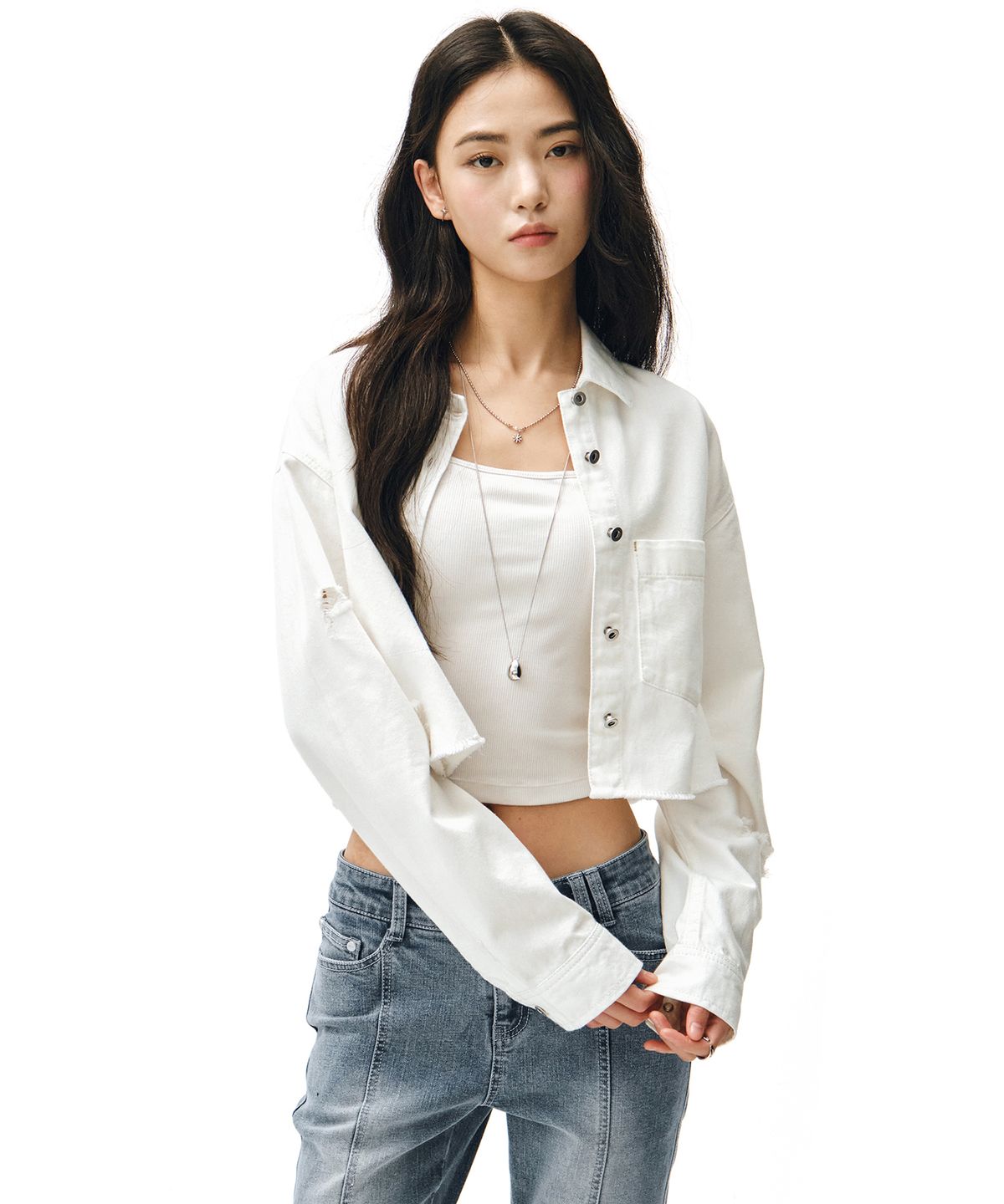 데케트 우먼(DECET WOMEN) Cropped Damage Denim Shirts DCWSH004WHITE