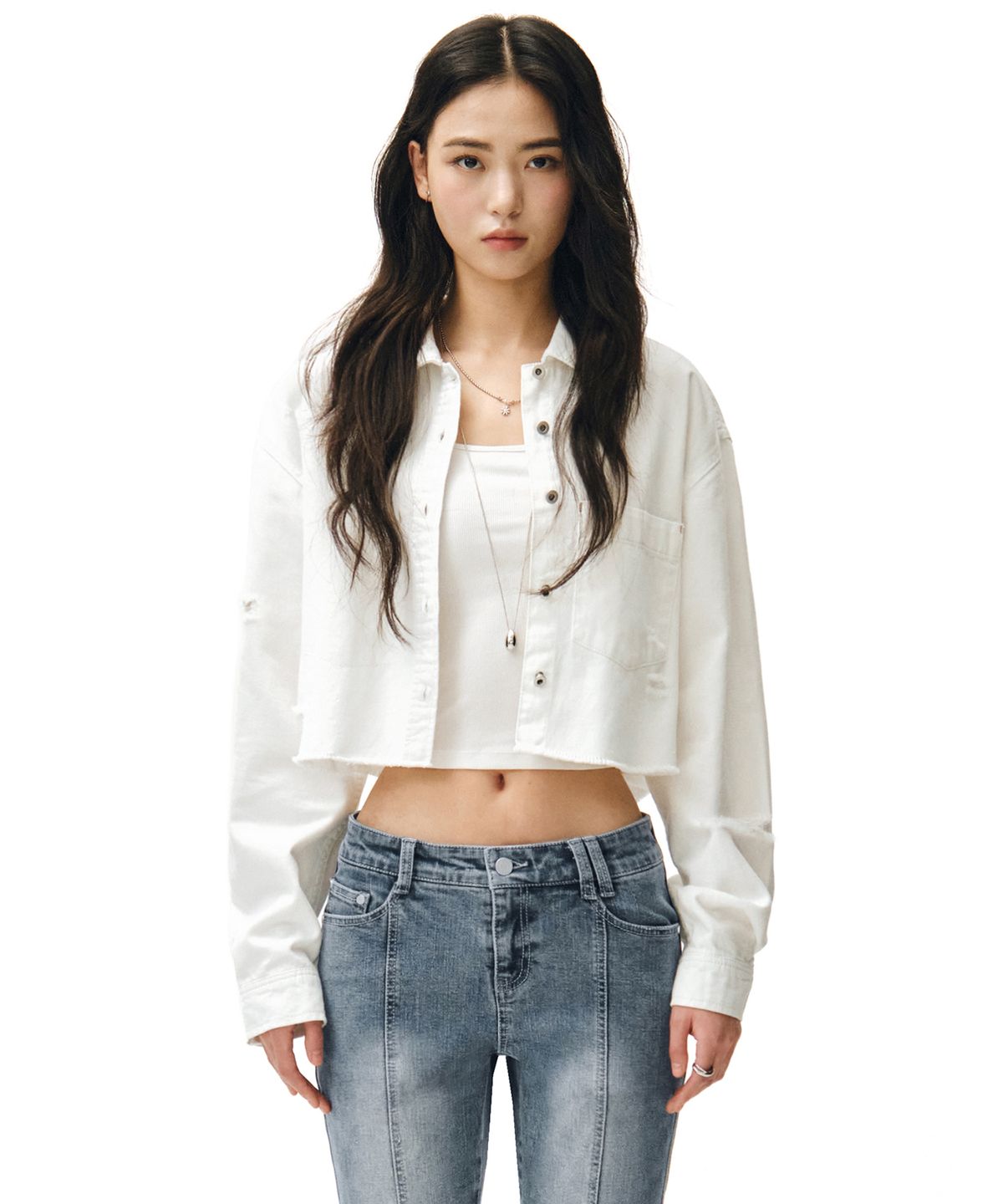 데케트 우먼(DECET WOMEN) Cropped Damage Denim Shirts DCWSH004WHITE