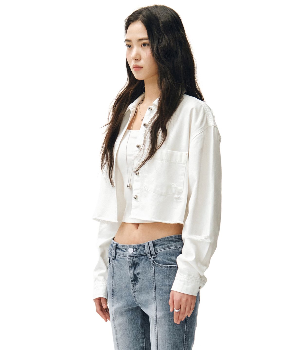 데케트 우먼(DECET WOMEN) Cropped Damage Denim Shirts DCWSH004WHITE
