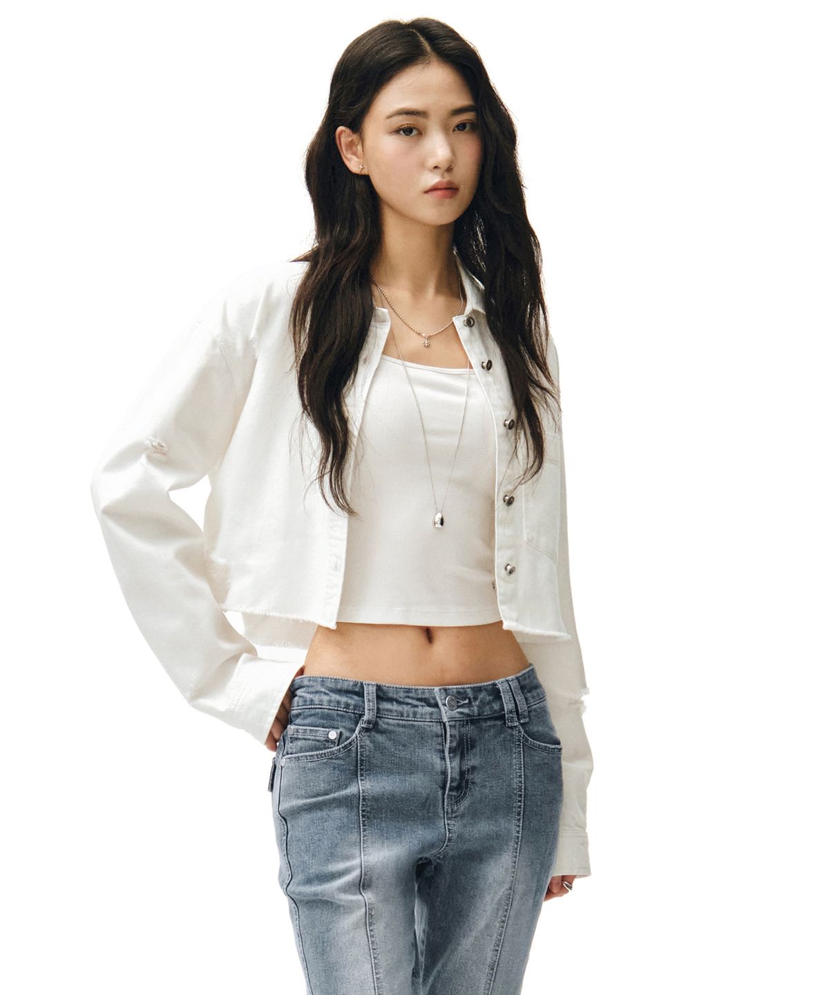 데케트 우먼(DECET WOMEN) Cropped Damage Denim Shirts DCWSH004WHITE