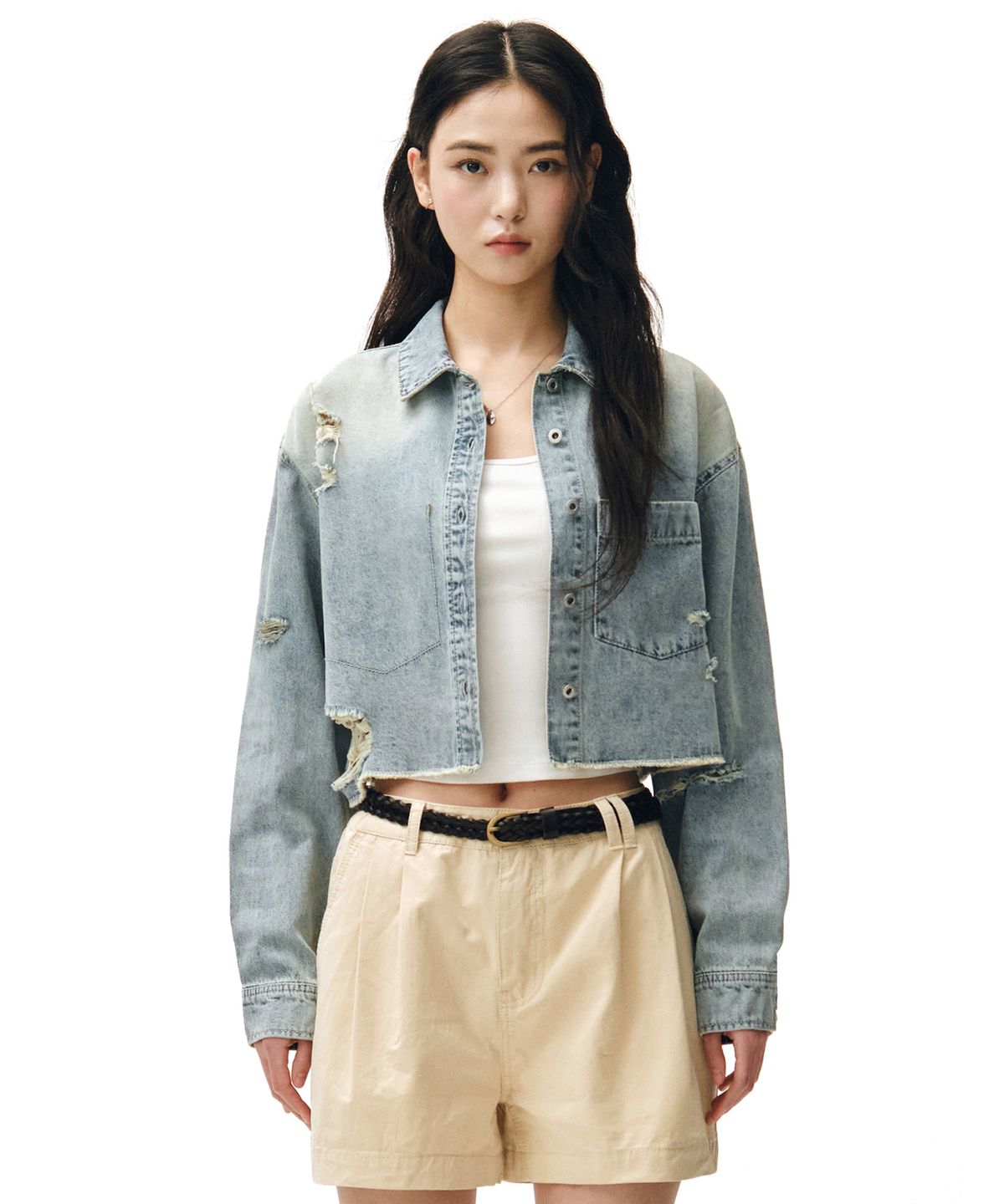 데케트 우먼(DECET WOMEN) Cropped Damage Denim Shirts DCWSH004LIGHTBLUE