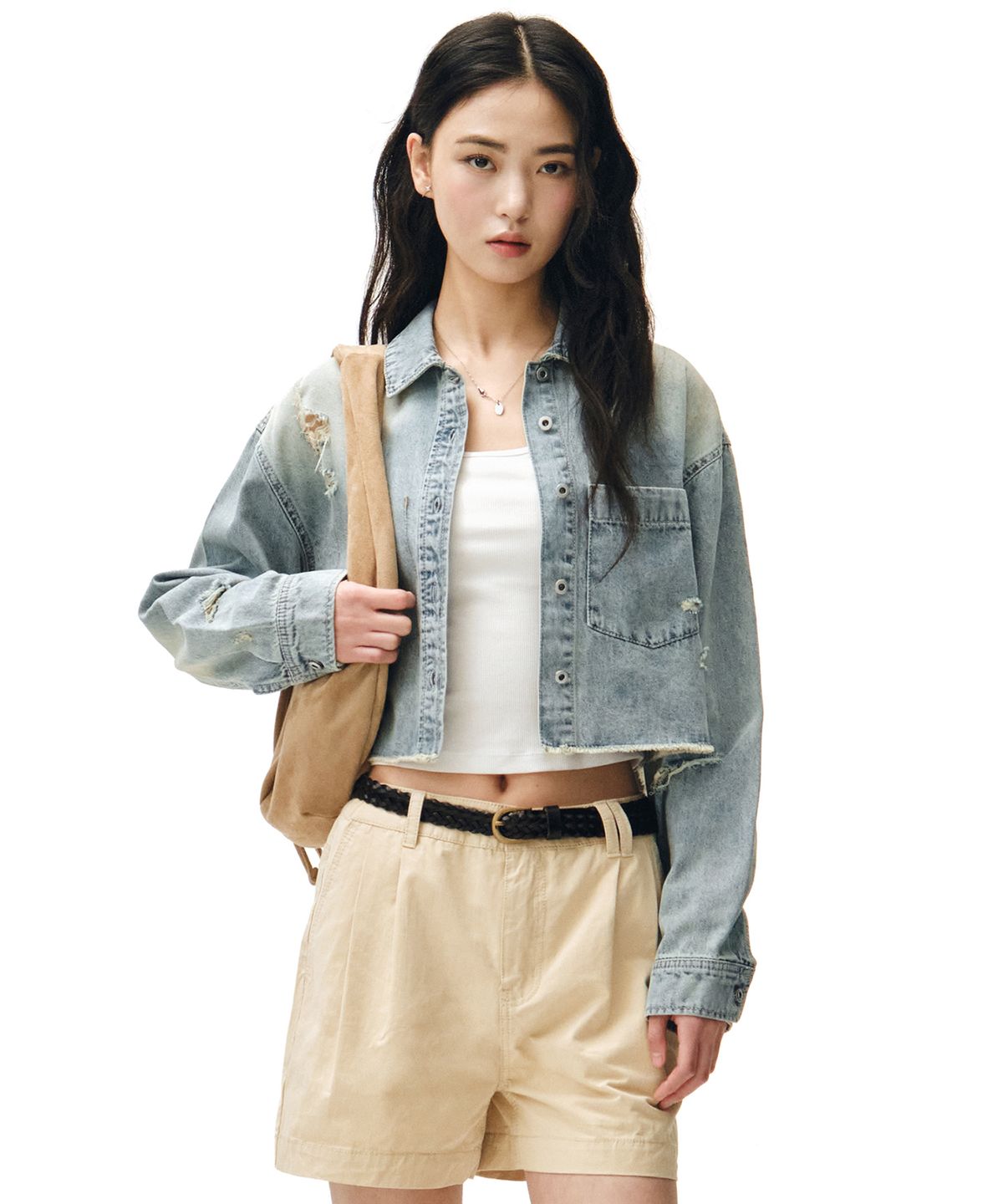 데케트 우먼(DECET WOMEN) Cropped Damage Denim Shirts DCWSH004LIGHTBLUE