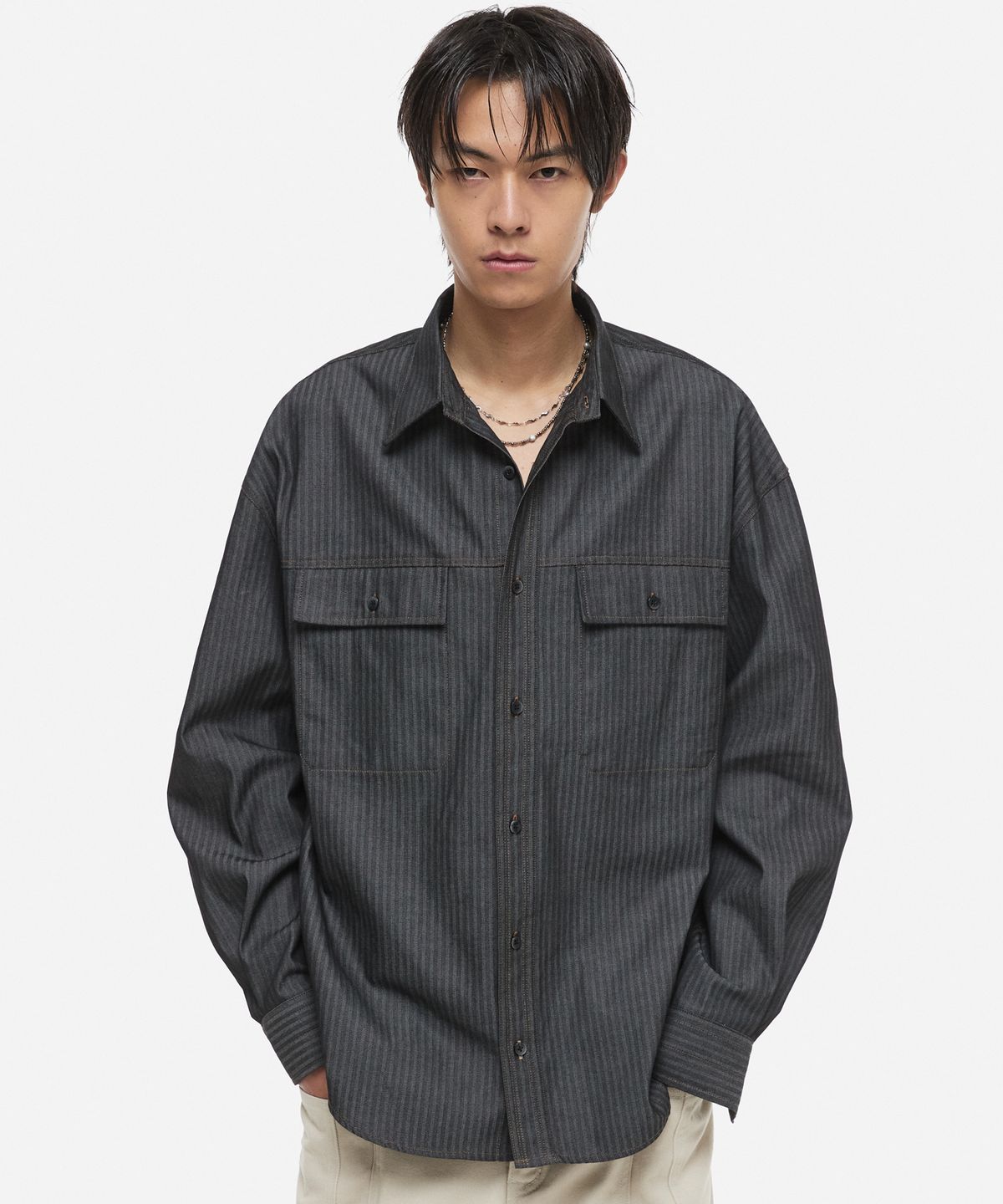 디앤에스알(DNSR) 스트라이프 데님 셔츠 블랙