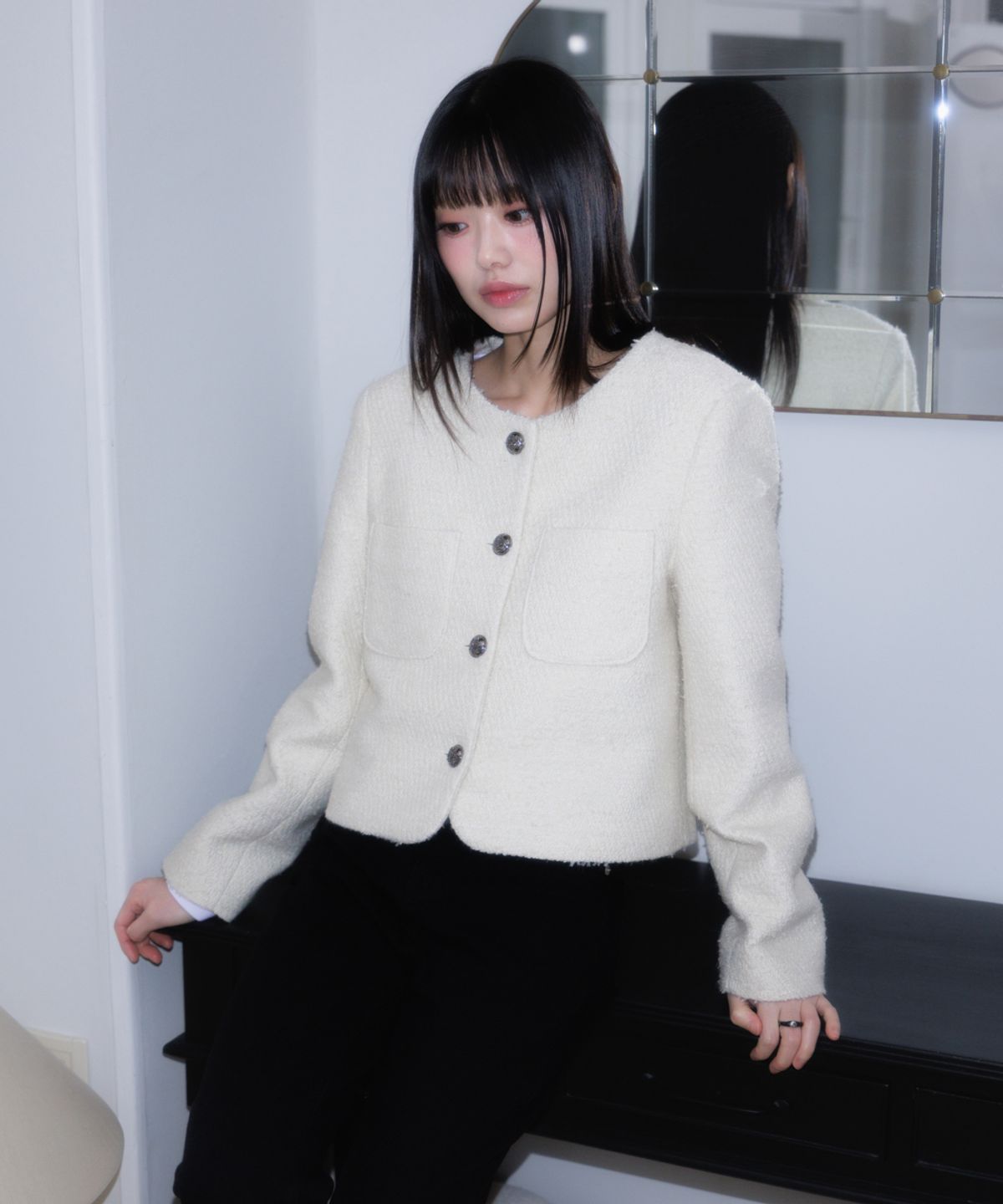 로제프란츠(ROSEFRANTZ) Classic Button Crop Tweed Jacket [Ivory]