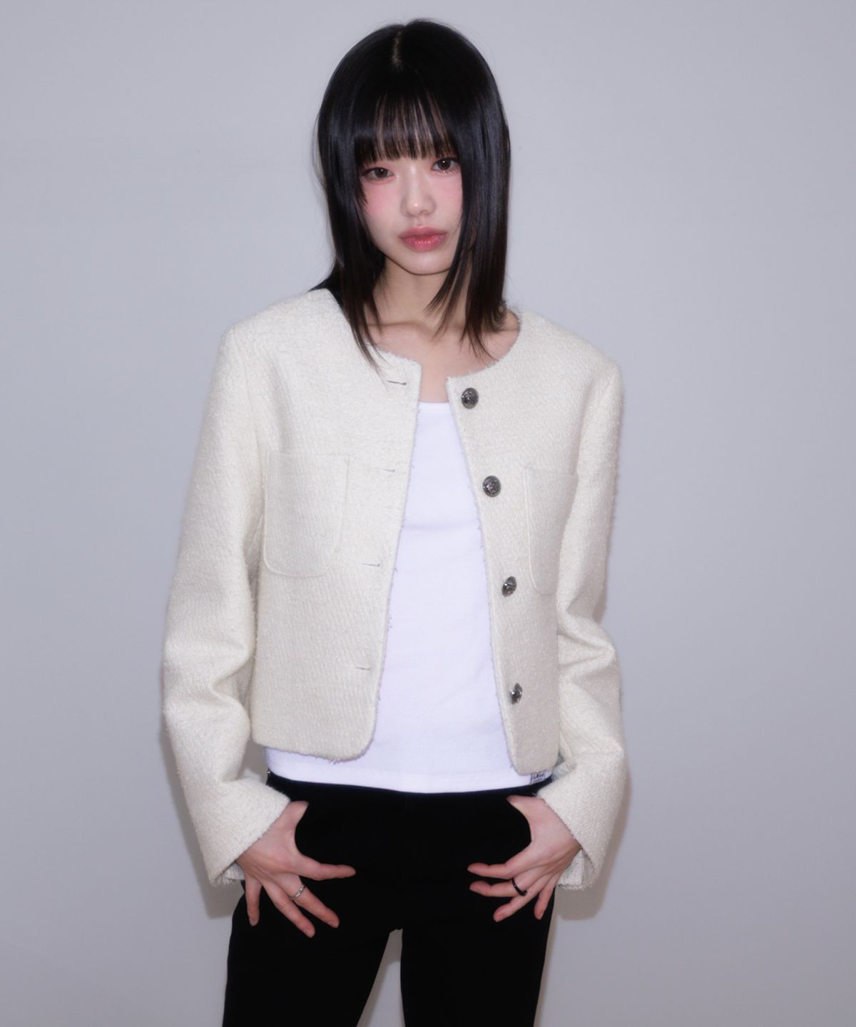 로제프란츠(ROSEFRANTZ) Classic Button Crop Tweed Jacket [Ivory]
