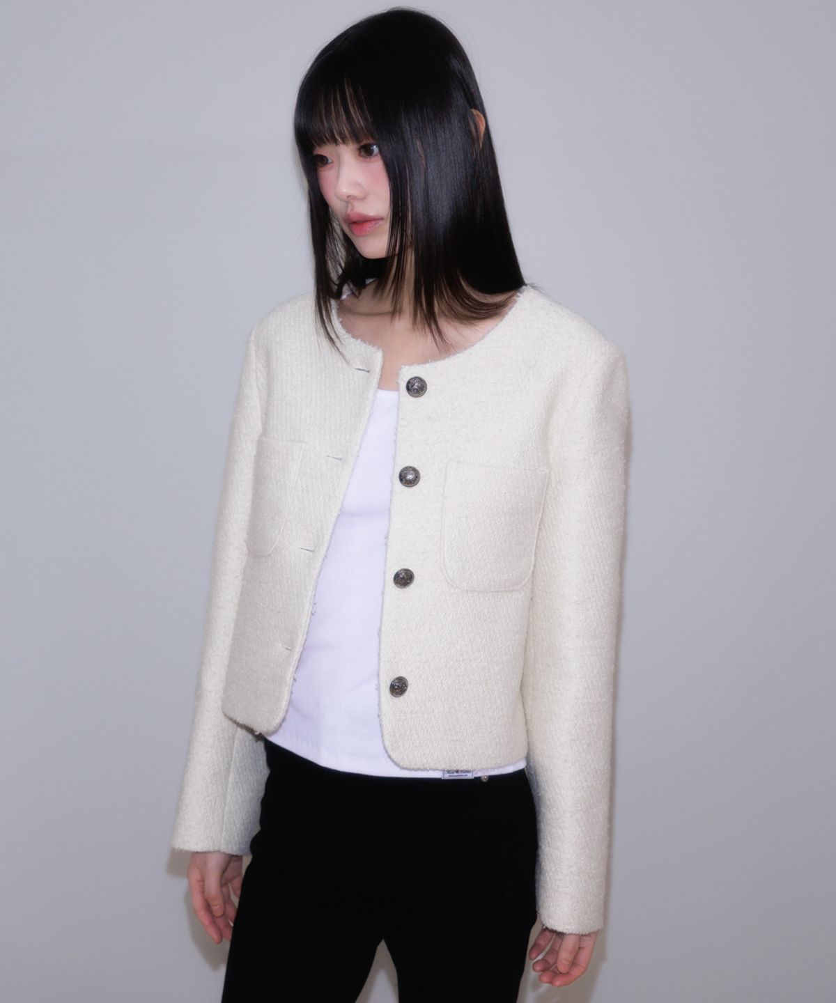 로제프란츠(ROSEFRANTZ) Classic Button Crop Tweed Jacket [Ivory]