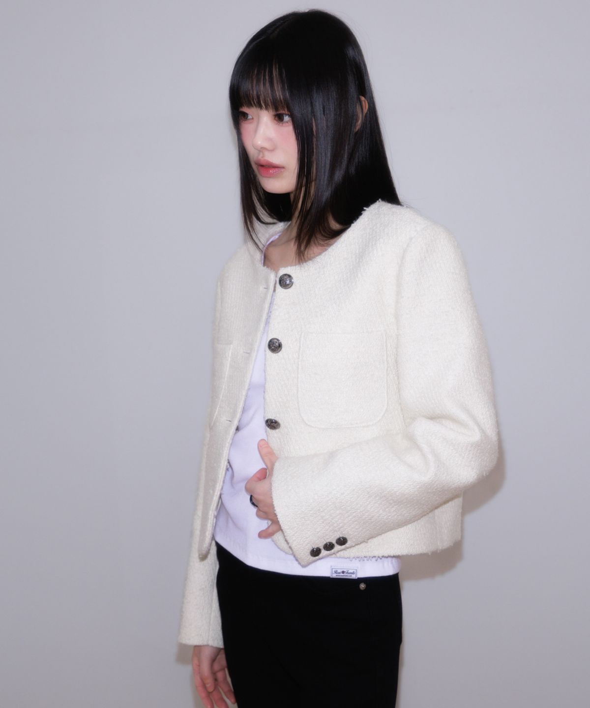 로제프란츠(ROSEFRANTZ) Classic Button Crop Tweed Jacket [Ivory]