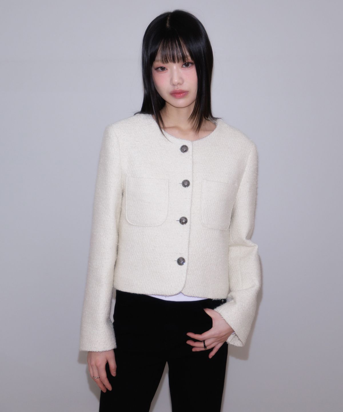 로제프란츠(ROSEFRANTZ) Classic Button Crop Tweed Jacket [Ivory]