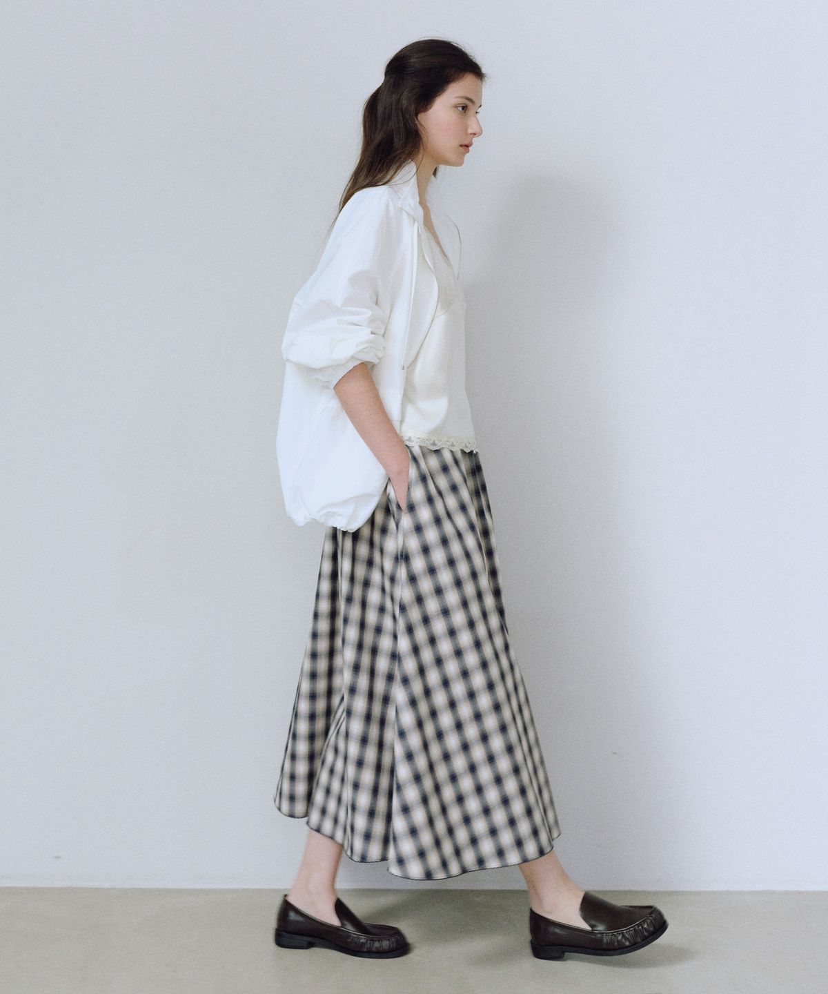 유라고(URAGO) Check flared long skirt
