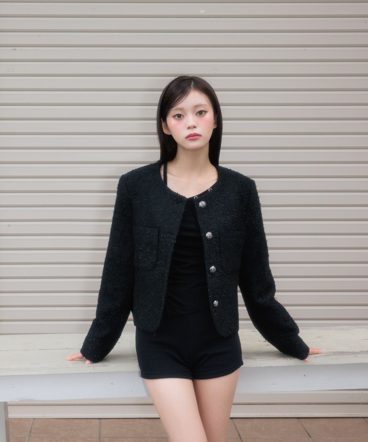 로제프란츠(ROSEFRANTZ) Classic Button Crop Tweed Jacket [Black]