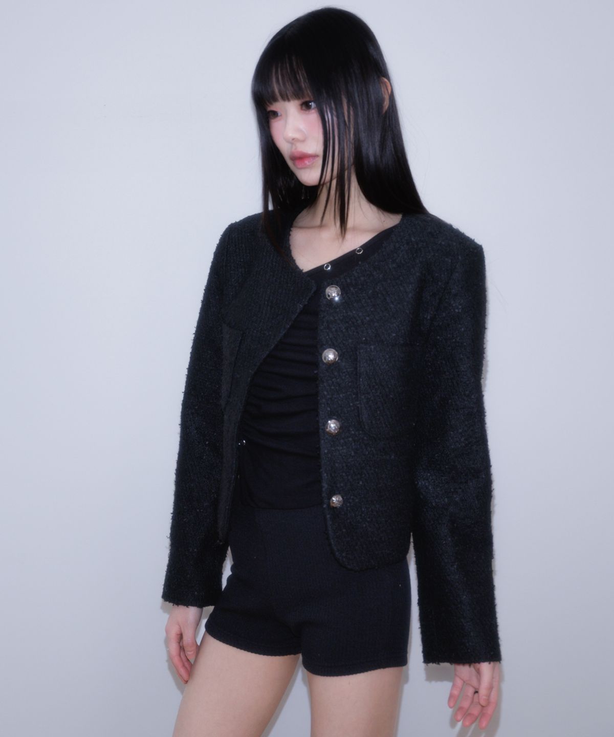 로제프란츠(ROSEFRANTZ) Classic Button Crop Tweed Jacket [Black]