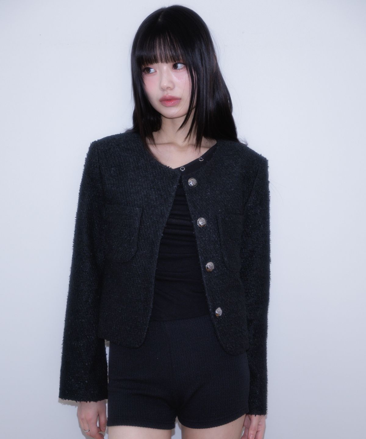 로제프란츠(ROSEFRANTZ) Classic Button Crop Tweed Jacket [Black]