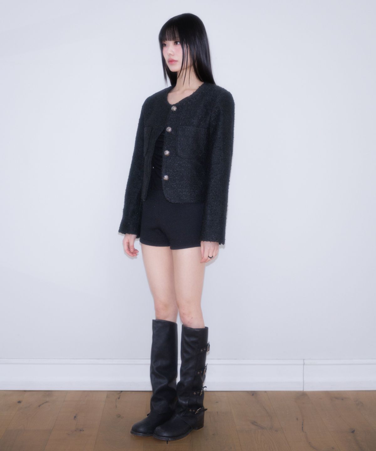 로제프란츠(ROSEFRANTZ) Classic Button Crop Tweed Jacket [Black]