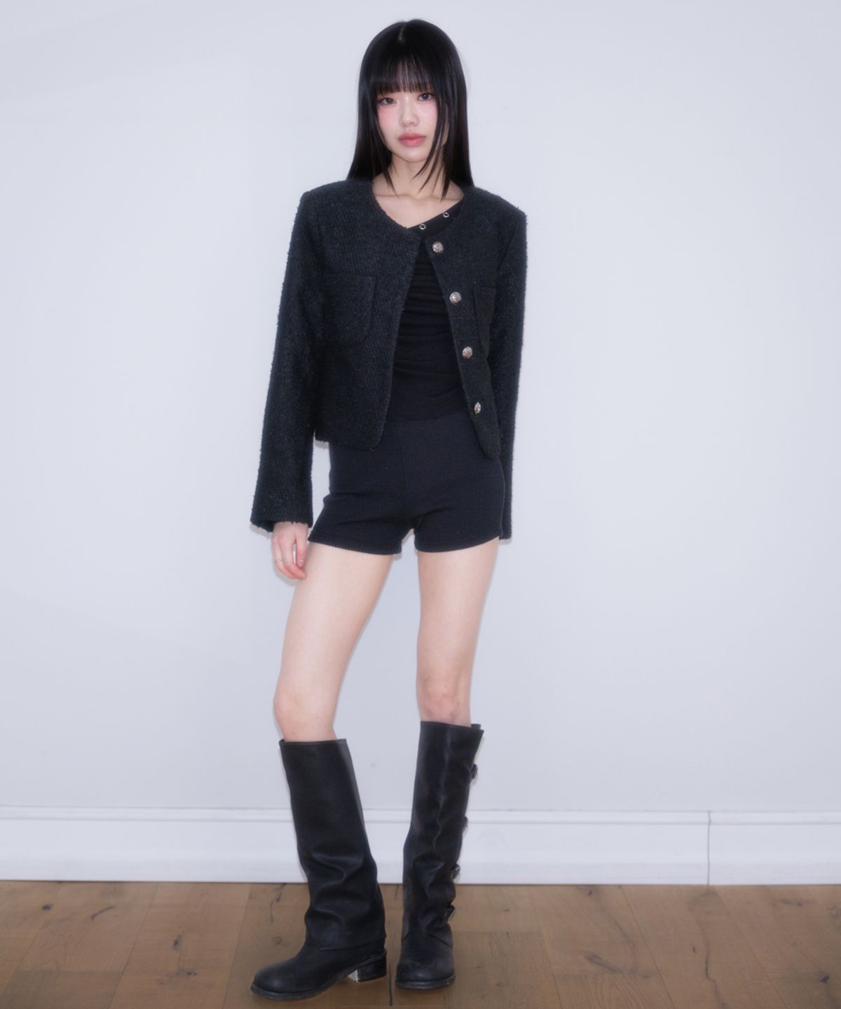 로제프란츠(ROSEFRANTZ) Classic Button Crop Tweed Jacket [Black]