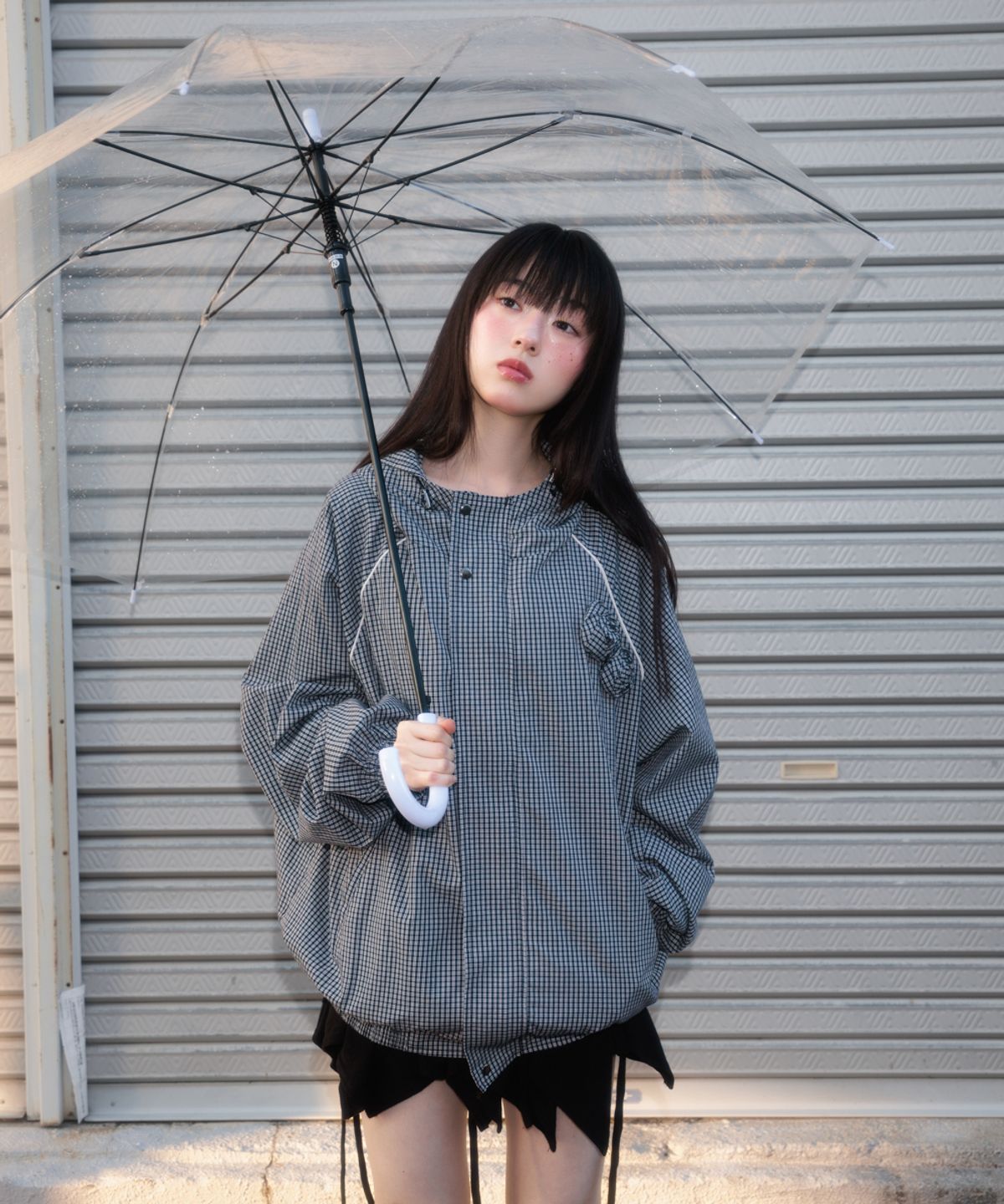 로제프란츠(ROSEFRANTZ) Rose Corsage Check Windbreaker [Navy]